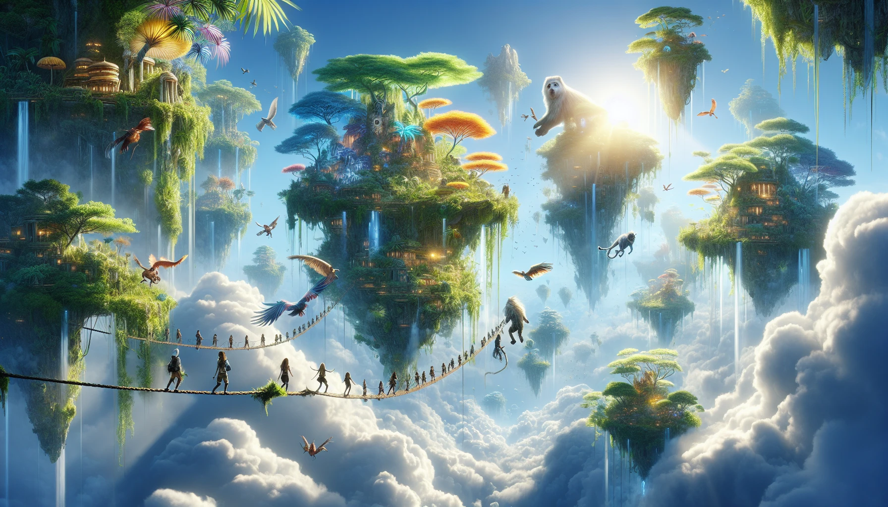 Imagine a breathtaking world where vibrant, lush floating islands drift majestically in a cerulean sky. Each island teems with exotic flora and fauna, connected by shimmering waterfalls cascading into the abyss below. Picture daring adventurers traversing rope bridges, exploring ancient temples overgrown with greenery, and encountering mythical creatures. Sunlight filters through fluffy clouds, illuminating their journey as they seek hidden treasures and long-lost secrets among the islands.