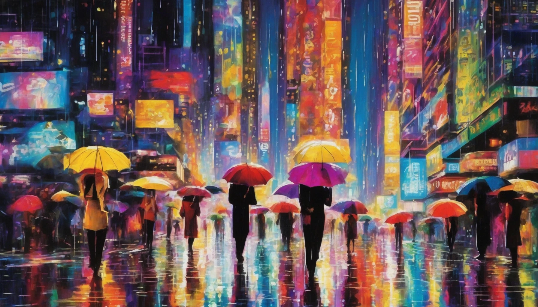 Immerse yourself in a vibrant city at night, where neon lights dance off rain-soaked pavement, casting a kaleidoscope of colors. The streets glisten with reflections of towering skyscrapers and bustling activity, while droplets fall softly, creating a soothing rhythm. People with umbrellas stroll by, their silhouettes illuminated by the glowing advertisements above, evoking an atmosphere that feels both electric and intimate, alive with possibilities.