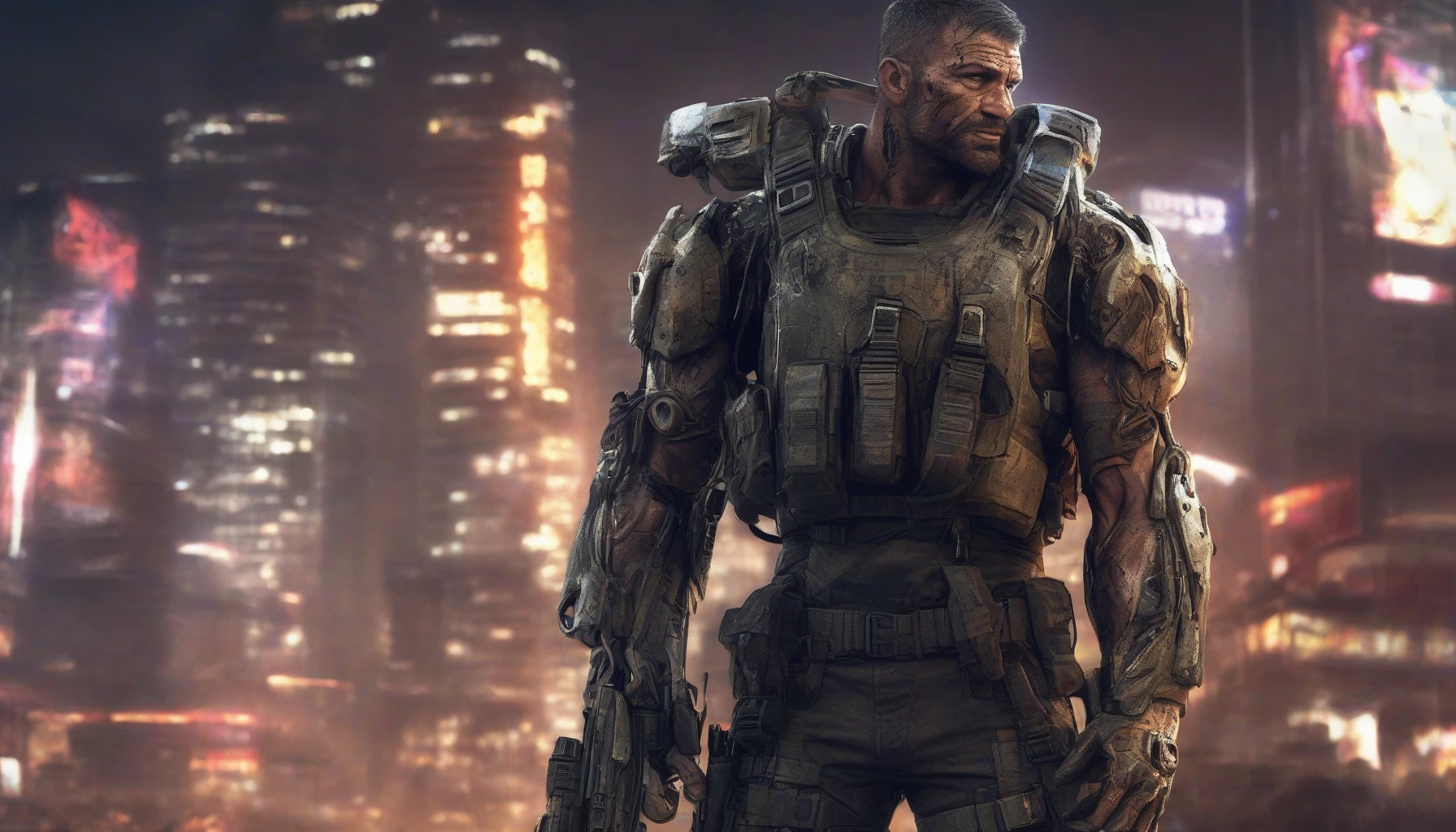 In a desolate urban battlefield, a battle-worn veteran stands tall, embodying resilience and strength. His rugged face, etched with scars of past conflicts, contrasts sharply with the sleek, metallic sheen of his cybernetic arm. Tattered military gear clings to his muscular frame, while flickering neon lights spotlight his stoic expression. Behind him, remnants of crumbling skyscrapers tell tales of a war-torn world, setting the stage for his indomitable spirit.