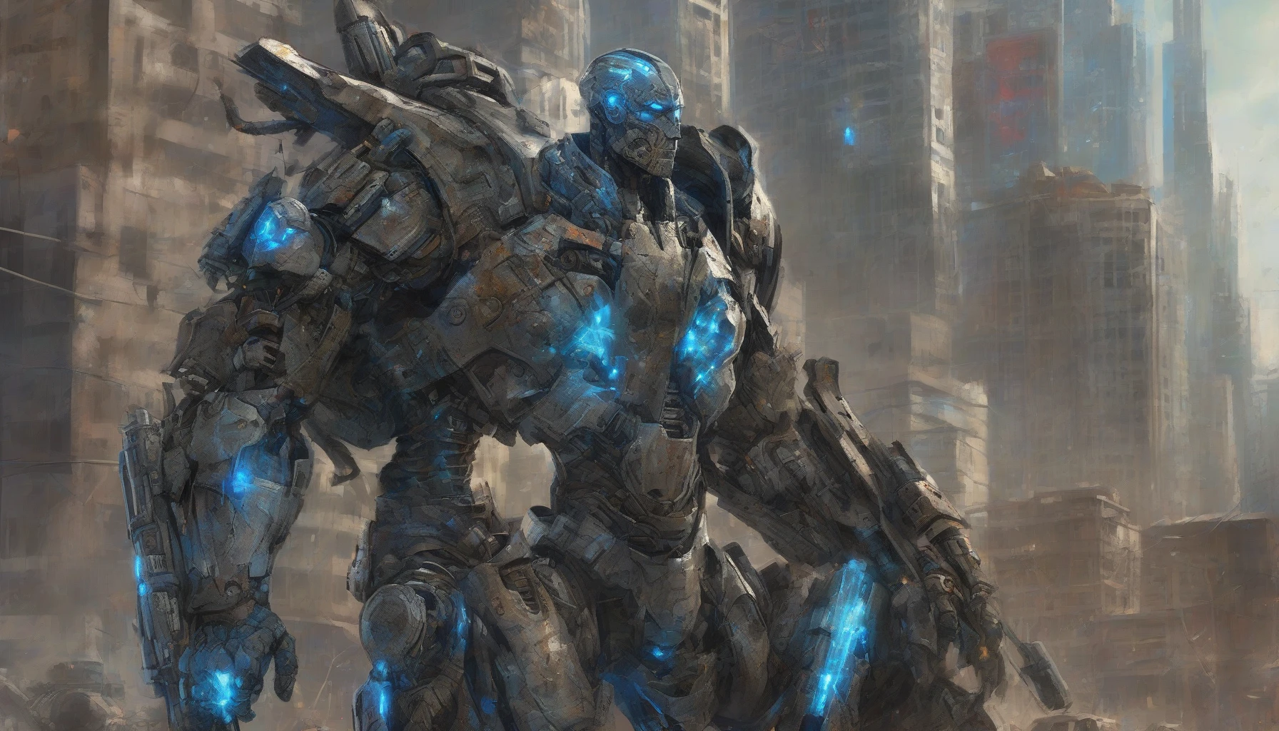 In a post-apocalyptic cityscape, a formidable veteran stands tall, clad in tattered armor that tells stories of countless battles. His left arm, replaced by a sleek, high-tech cybernetic design, glimmers with neon blue accents. Scars crisscross his rugged face, portraying a lifetime of struggle, while his piercing gaze reflects the determination to protect what remains. Rusted ruins and flickering holograms surround him, emphasizing the stark contrast of human resilience and advanced technology.