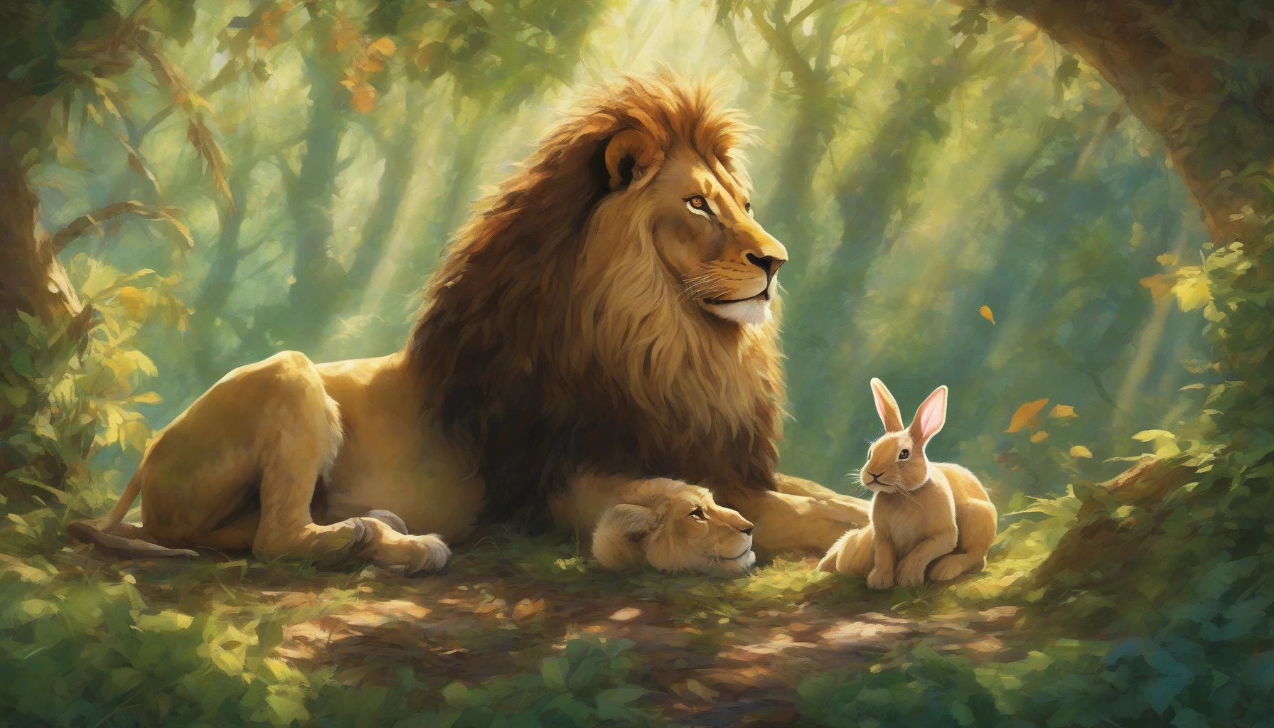 In a lush, enchanted forest, a fierce lion and a timid rabbit share an unexpected moment of camaraderie. The sun filters through the vibrant leaves, casting dappled light on their faces as they sit side by side, eyes reflecting a newfound understanding. The lion, majestic yet gentle, lowers his head, while the rabbit, brave against all odds, gazes upward, illustrating their deepening bond forged through adventure.