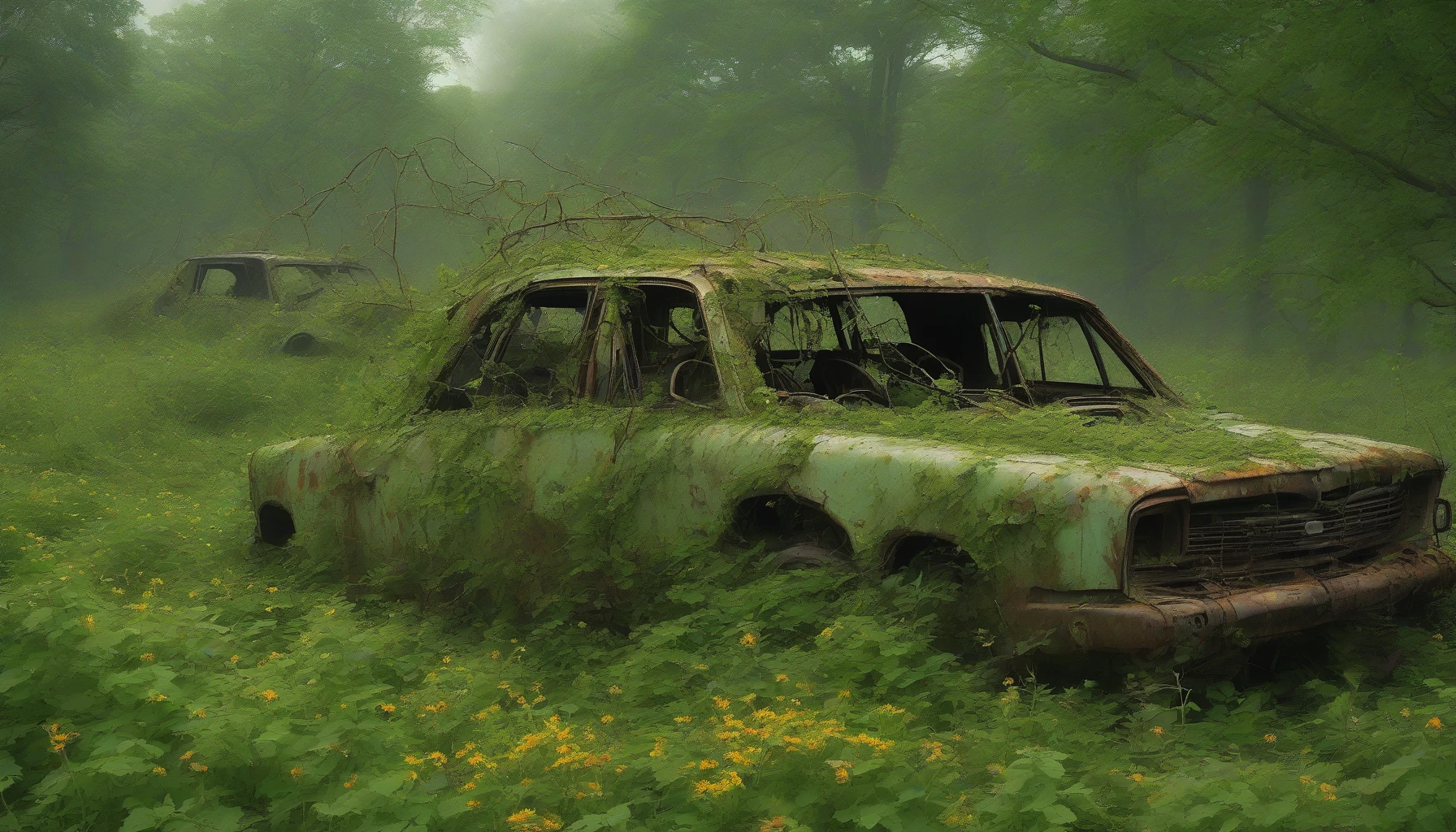 Imagine an eerie, abandoned battlefield, where rusting vehicles lie scattered across the terrain, their once-vibrant colors faded and consumed by time. Lush green vines creep over twisted metal and shattered glass, while wildflowers bloom defiantly in the cracks of asphalt. The air is thick with the scent of damp earth and decay, as distant thunder rumbles, creating a haunting atmosphere that whispers stories of battles long past.