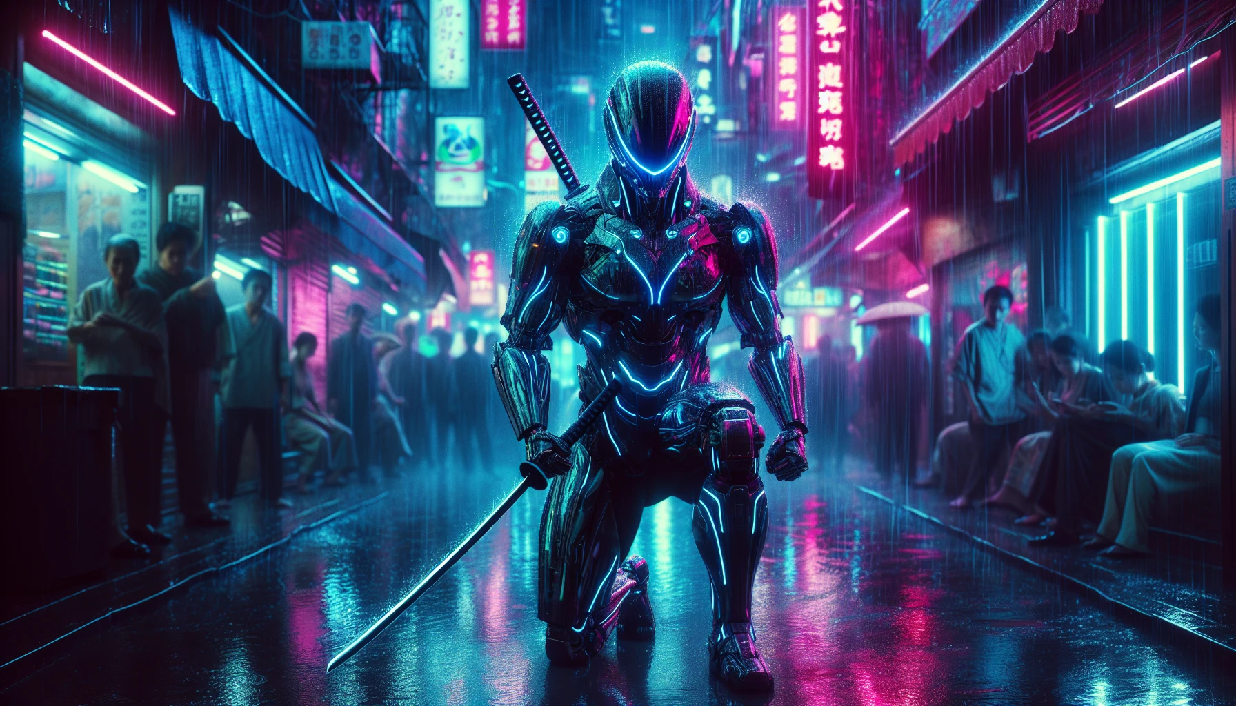 In a bustling neon-lit alley, a cybernetic samurai stands poised, encased in a sleek, advanced exosuit that shimmers with electric blues and vibrant pinks. Rain cascades down, creating a mesmerizing dance of reflections on the wet pavement, amplifying the cinematic atmosphere. Shadows play across the illuminated walls, hinting at the gritty world beyond, while the samurai's gaze pierces through the darkness, ready for the impending battle.