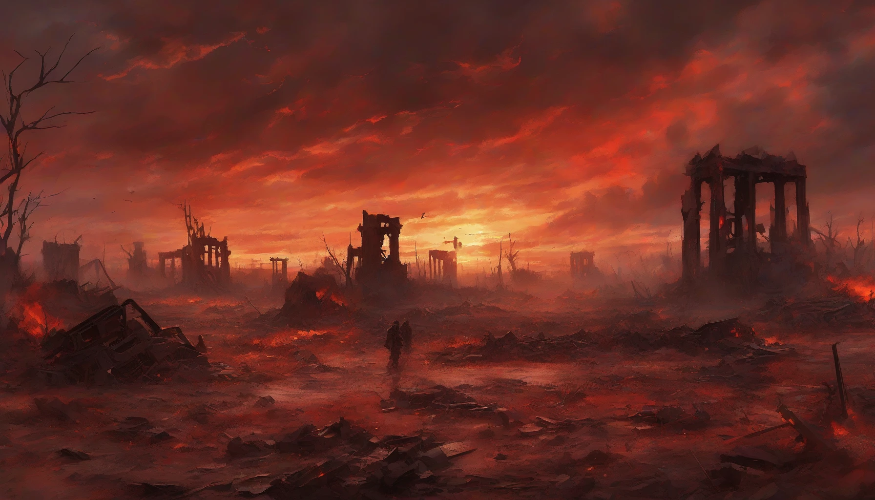 Envision a desolate battlefield under a fiery red sky, where remnants of war linger in the air. Crumbling ruins and twisted metal debris are strewn across the ground, while silhouettes of fallen soldiers can be seen in the foreground. The atmosphere is charged with tension, as ominous clouds swirl above, casting dramatic shadows. Glimmers of light break through, hinting at hope amidst the chaos, creating a haunting yet captivating scene.