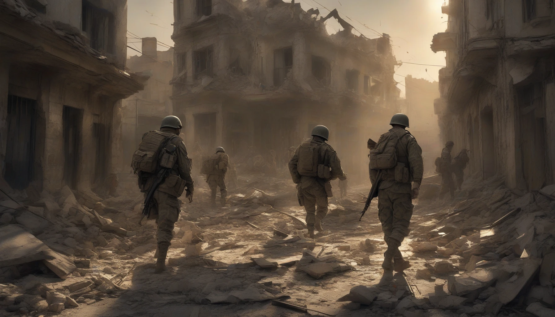 In a desolate cityscape, battle-worn soldiers advance determinedly through crumbling buildings and debris-laden streets. The light of a fading sun casts dramatic shadows, highlighting the resilience in their eyes. Broken architecture and scattered remnants of war serve as a stark backdrop, while their uniforms blend seamlessly with the gritty environment. Dust swirls around them, embodying the struggles faced, yet hope flickers like a flame amidst the chaos.