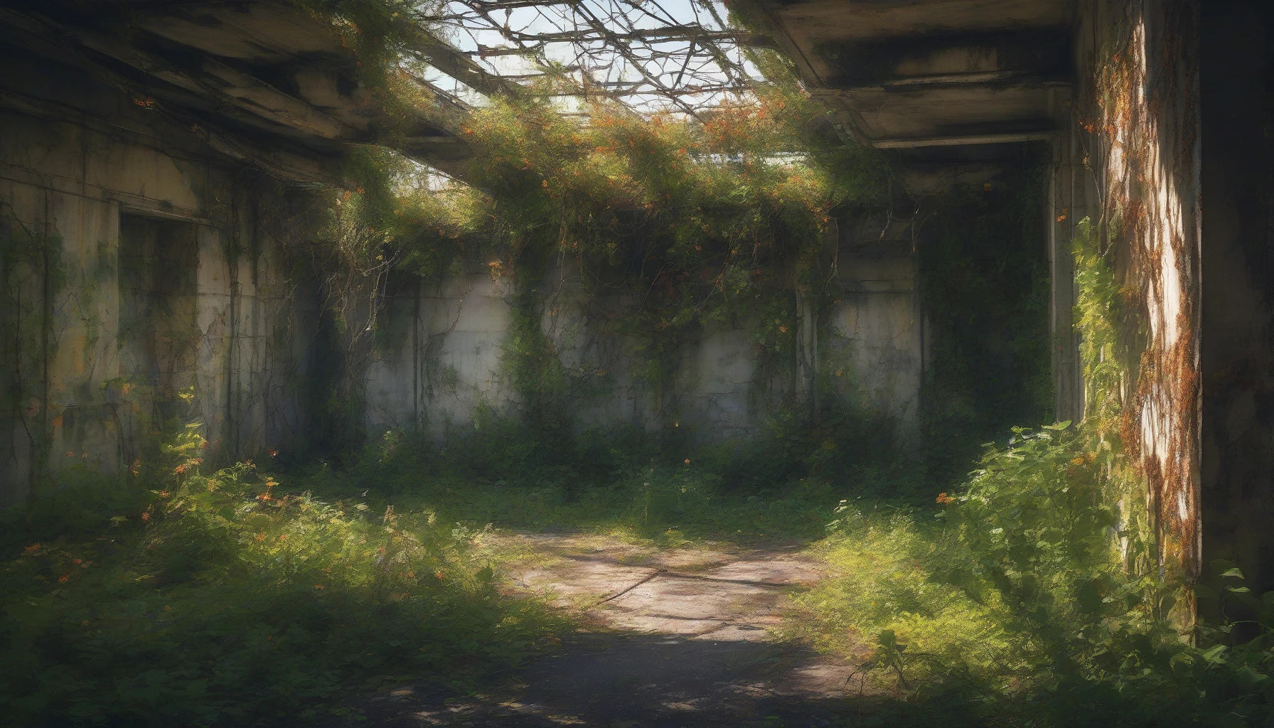 A hauntingly beautiful scene showcases an abandoned military base, its rusted structures entwined with vibrant, overgrown plants. Sunlight filters through the dense foliage, casting dappled shadows on crumbling concrete walls. Vines creep over barbed wire fences, while wildflowers bloom defiantly in cracks. The air is thick with the scent of damp earth, whispering stories of a forgotten past, inviting explorers to uncover its secrets.