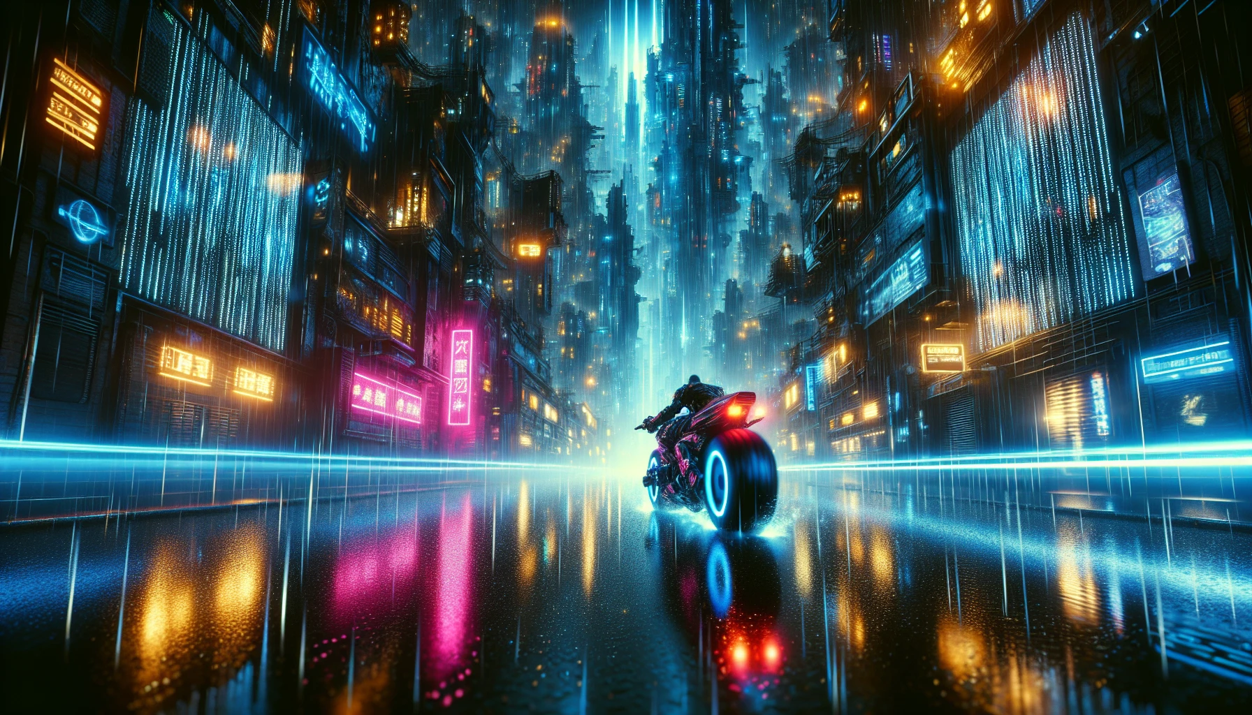 In a dystopian cyberpunk city, vivid neon graffiti flickers against towering dark industrial structures, creating a stark contrast with the rainy backdrop. A sleek motorcycle races down the glistening streets, its headlights casting reflections that dance on the slick pavement. Hints of electric blue and fiery pink illuminate the air, while rain droplets create a symphony of sounds, blending the pulse of the city with the thrill of speed.