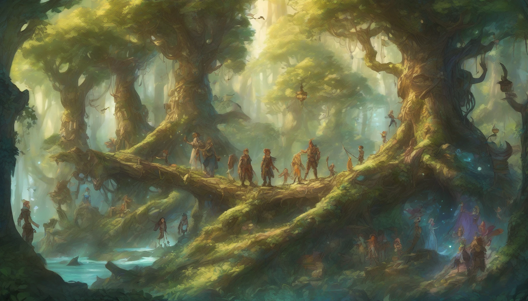 In a vibrant, enchanted forest where ancient trees whisper secrets, a diverse band of heroes embarks on a perilous quest to reclaim a fabled artifact hidden in a forgotten shrine. Each character, from the wise elf with shimmering wings to the rugged warrior with a heart of gold, faces magical creatures and treacherous terrain. Their journey is a tapestry of courage, friendship, and the unyielding hope of restoring a shattered realm.