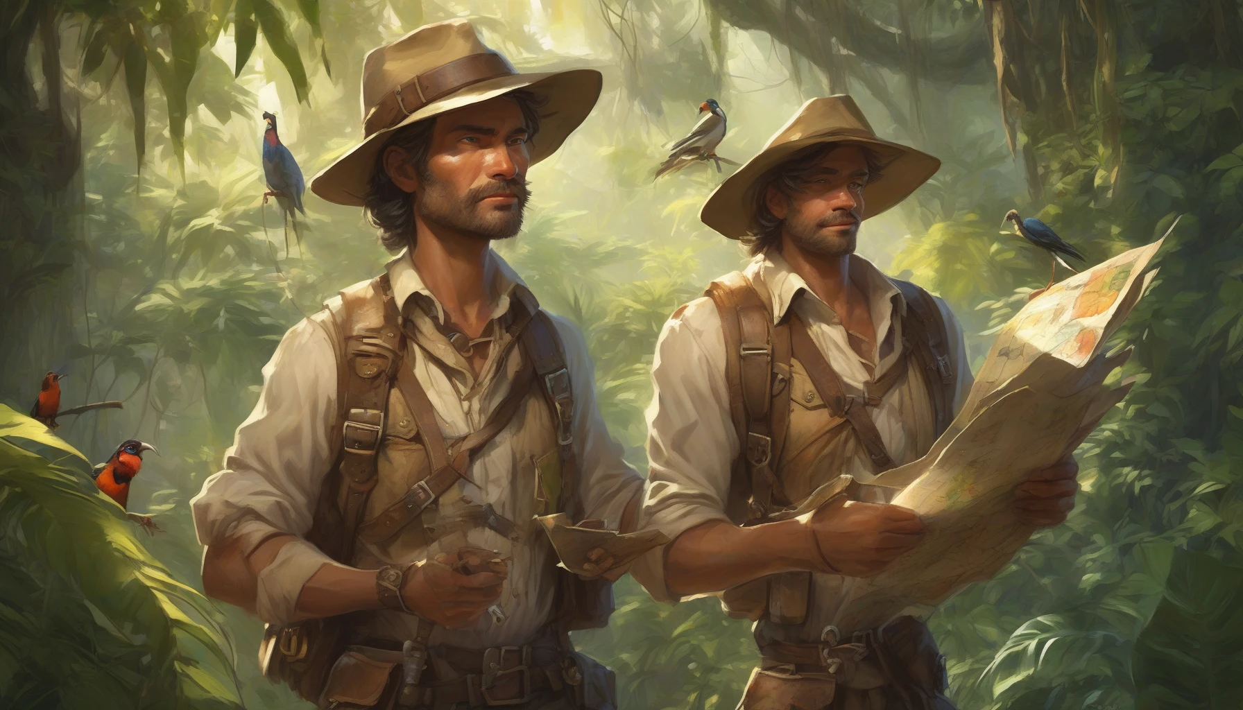 In a lush, ancient jungle, a rugged adventurer stands confidently, clutching a weathered treasure map. Sunlight filters through the dense canopy, illuminating his determined expression. He wears a wide-brimmed hat and a tattered leather satchel filled with tools of exploration. Exotic birds flit overhead, while vines and tropical flowers surround him, hinting at the hidden riches awaiting discovery deep within the mysterious wilderness.