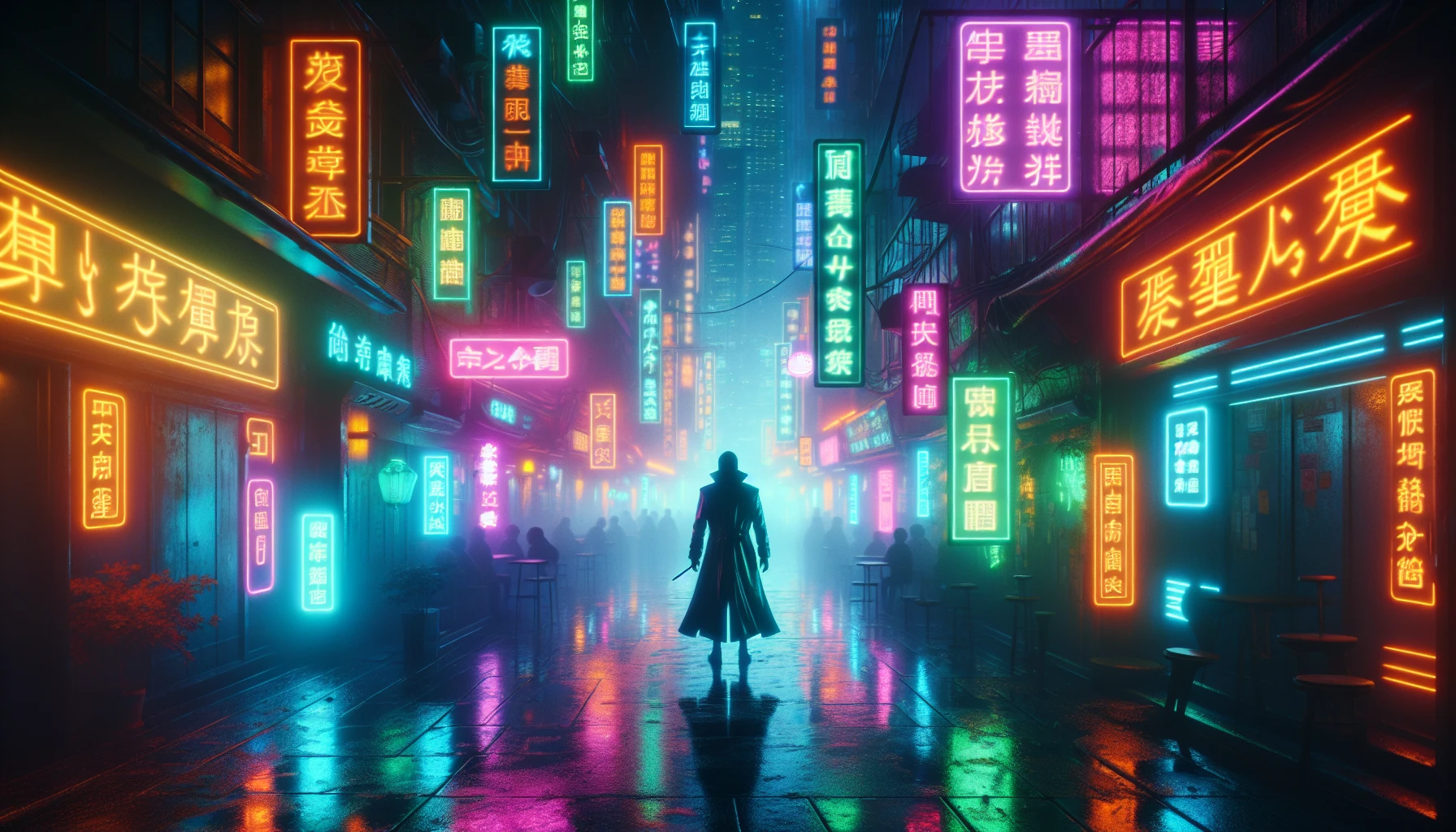 Step into a vibrant cyberpunk alleyway, pulsating with electric hues from glowing neon signs that illuminate the dense fog enveloping the scene. A lone figure stands in the shadows, draped in a high-tech trench coat, their silhouette framed by the cinematic lighting that casts dramatic reflections on rain-soaked pavement. The atmosphere is thick with mystery, inviting you to explore the hidden stories within this futuristic urban landscape.