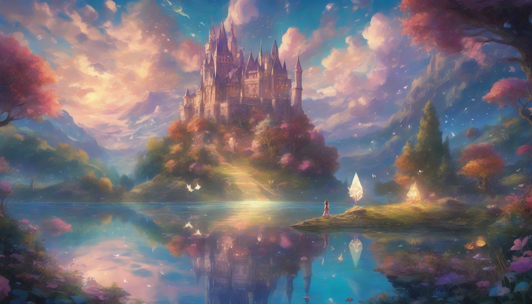 In a vibrant, enchanted landscape where flora glows under a twilight sky, a bewildered protagonist stands at the edge of a crystal-clear lake. The shimmering waters reflect a majestic castle hovering above the clouds, adorned with iridescent banners fluttering in a gentle breeze. Surrounded by fantastical creatures—glimmering fairies and wise, ancient guardians—the hero's journey begins, filled with awe, magic, and the promise of adventure in this breathtaking realm.