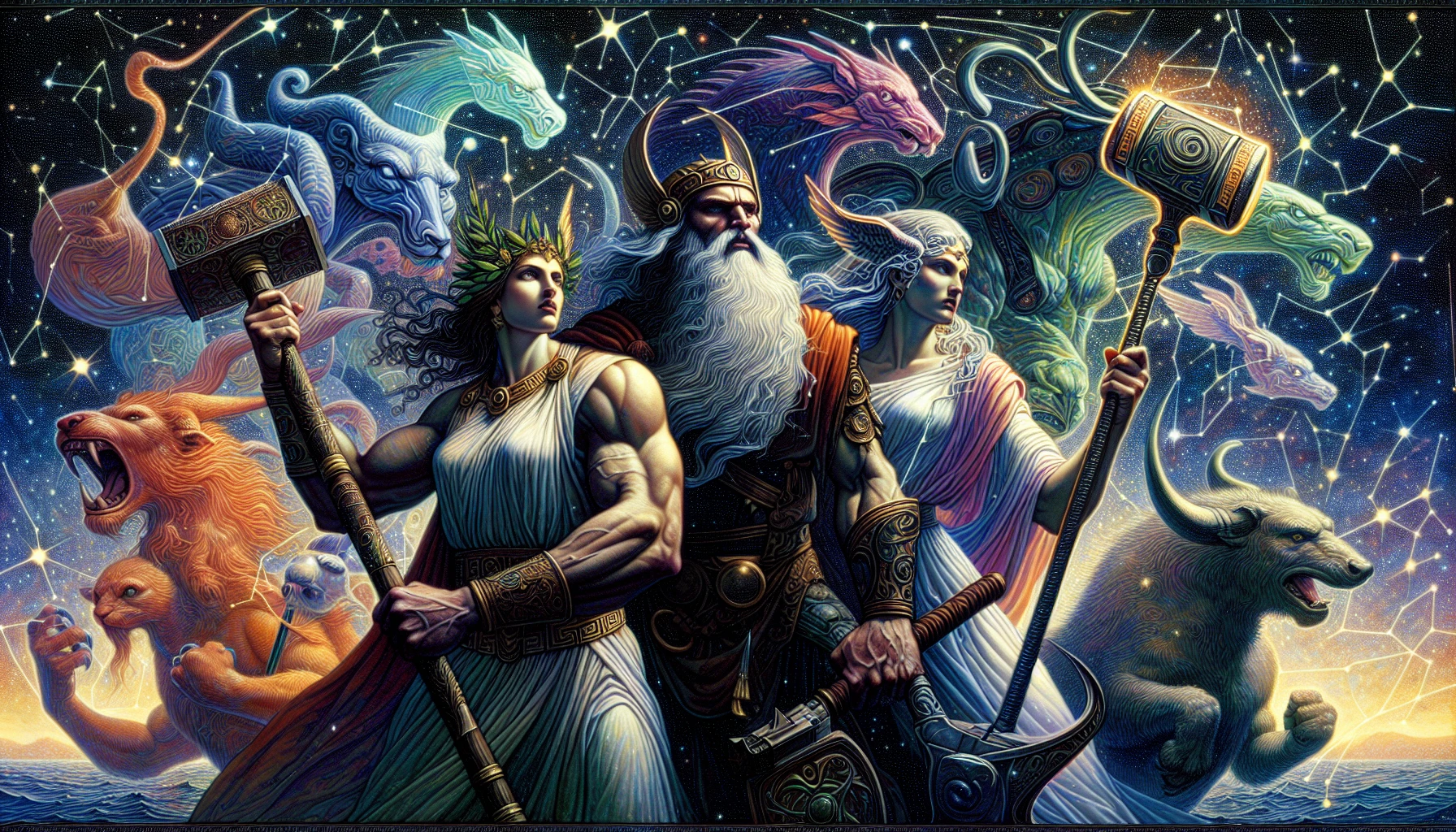 Imagine a powerful scene where legendary heroes from various mythologies converge under a star-studded sky. Athena, adorned with olive leaves, stands protectively beside Thor, who wields his thunderous hammer. They are surrounded by ethereal beings and mythical creatures, their expressions fierce yet noble. Bright, swirling constellations illuminate their faces, casting a divine glow as they prepare for an epic battle against a dark, looming force.