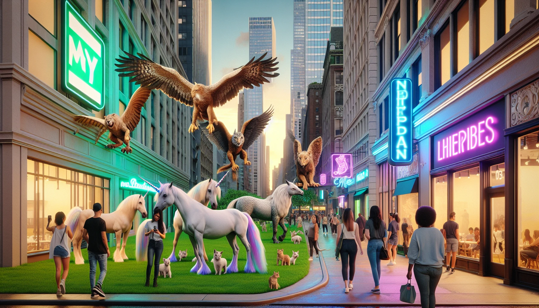 Envision a bustling urban scene where unicorns and griffins roam alongside humans. In this vibrant cityscape, unicorns graze in lush parks while griffins perch atop skyscrapers, their wings casting shadows on the streets below. People interact with these majestic creatures, casually taking selfies or sharing moments. Neon signs advertise magical cafés, and the air hums with the blend of contemporary life and enchanting wildlife, celebrating a harmonious coexistence.