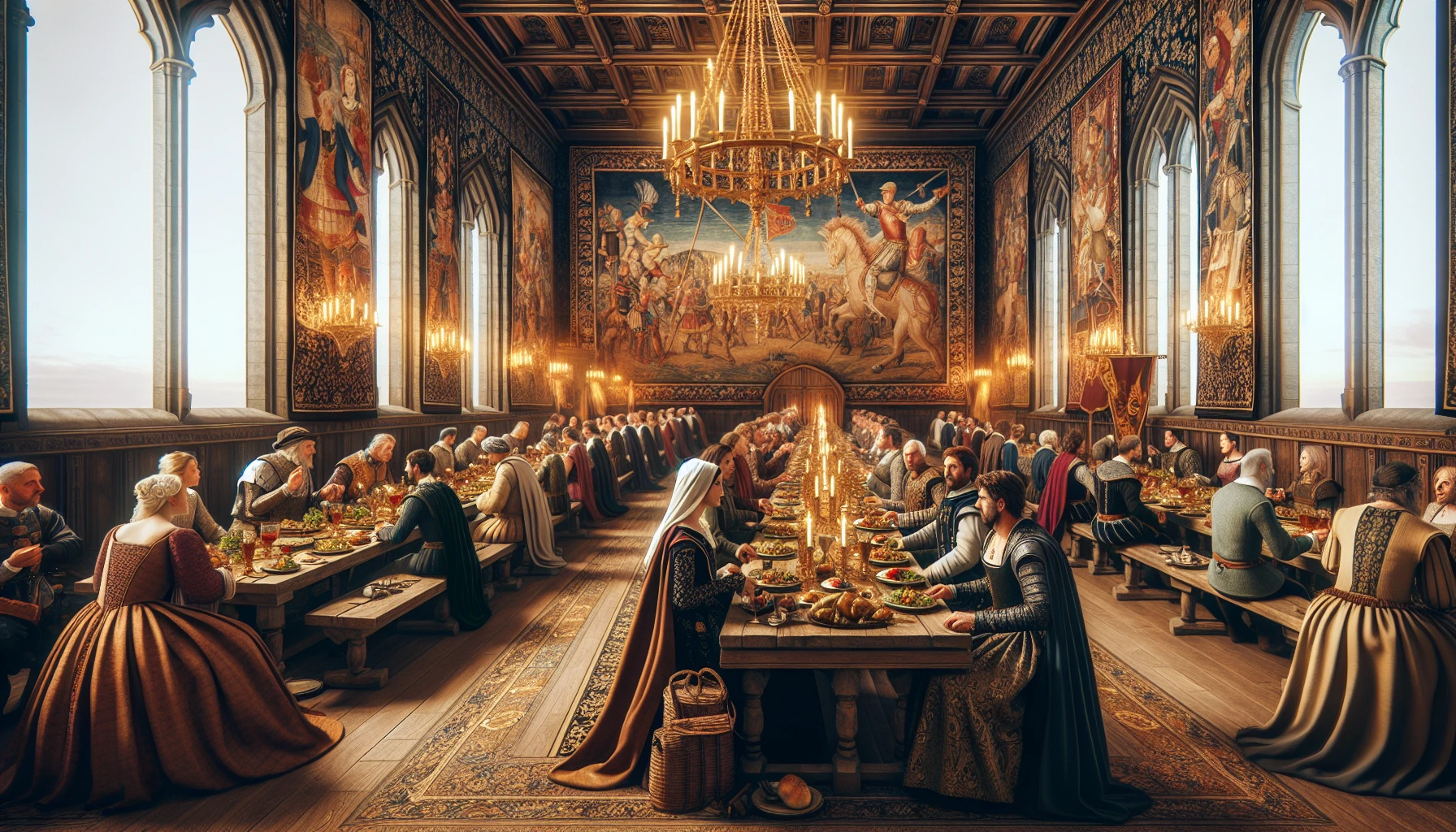 Capture a stunning scene of a grand medieval banquet hall, adorned with tapestries depicting heroic tales. Golden chandeliers illuminate the long, wooden tables laden with exquisite dishes and goblets. Noble figures in intricate period costumes engage in lively conversation, while a minstrel plays softly in the corner. The atmosphere is rich with the scents of roasted meats and fresh bread, inviting viewers into a moment frozen in time.