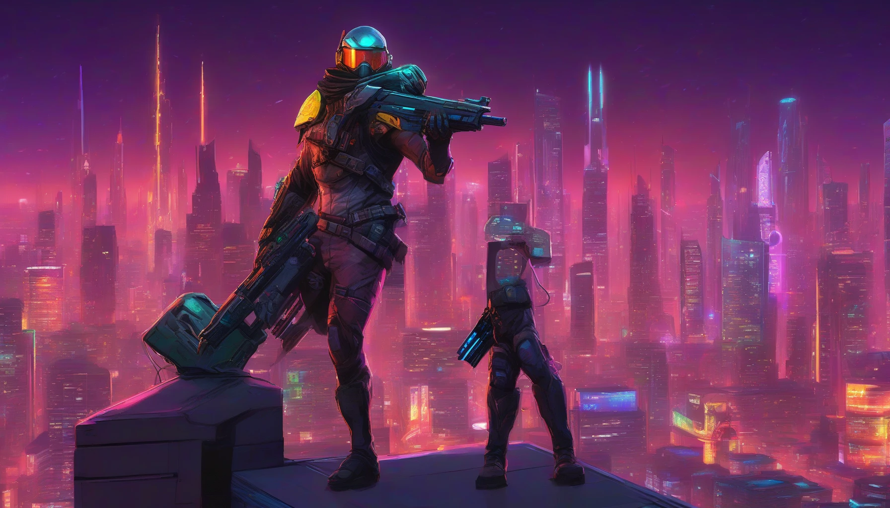 A sleek, futuristic bounty hunter stands poised on a neon-lit city rooftop, their eyes glowing with determination. Clutching a state-of-the-art plasma rifle, shimmering with energy, they survey the vast urban landscape below. The skyline is a blend of towering skyscrapers and holographic advertisements, painted in vibrant hues. Shadows dance around them, hinting at the dangers lurking in the darkness, while the moon casts an ethereal glow over the scene.