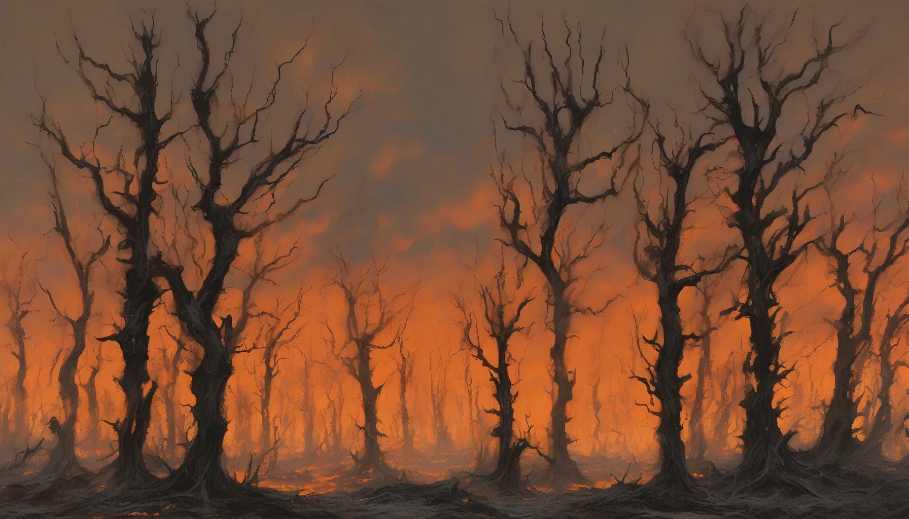 Picture a haunting yet mesmerizing landscape where charred trees stand like ghostly sentinels against a vibrant orange sky. The remnants of a once-thriving forest twist and curl, their blackened branches reaching toward the tumultuous clouds. Soft embers glow on the ground, illuminating the shadows with a warm, eerie light. This juxtaposition of destruction and beauty creates a powerful narrative of resilience and transformation.