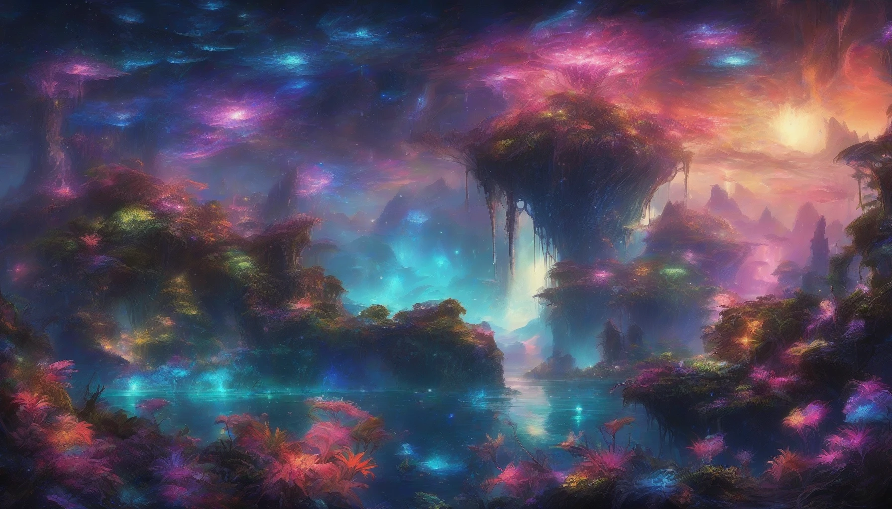 Imagine a breathtaking landscape where vibrant alien islands float majestically in an endless void. Each island is adorned with cascading waterfalls that shimmer like crystal ribbons, spilling into the abyss below. Bioluminescent flora flourishes, illuminating the scene with soft, otherworldly hues. Wispy clouds swirl around the islands, while distant stars twinkle in the dark expanse. This surreal environment invites you to explore its mysteries and marvel at its beauty.