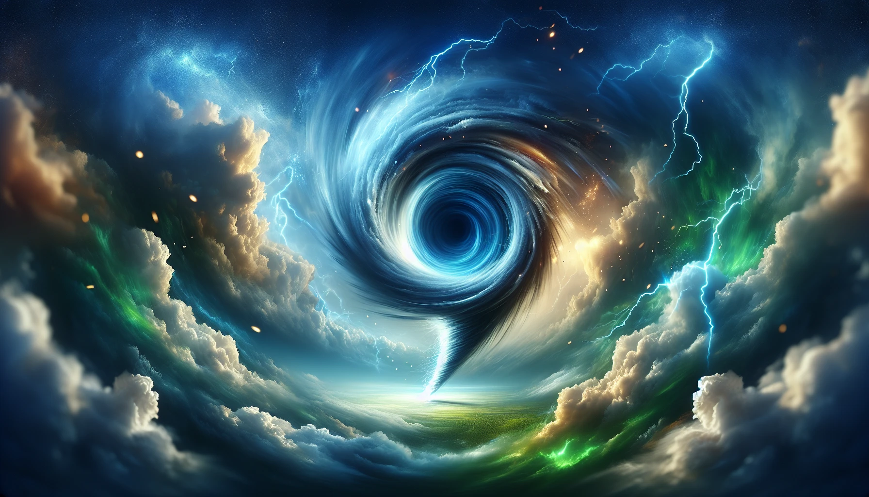 In a mesmerizing blend of powerful winds and swirling colors, the image captures the essence of a tornado's eye—a serene yet turbulent vortex at its center. Surrounding it are cascading clouds painted in hues of deep blue and vivid green, while lightning sparks dance along the perimeter. The atmosphere is electric, evoking a sense of awe and respect for nature's untamed beauty and raw energy.