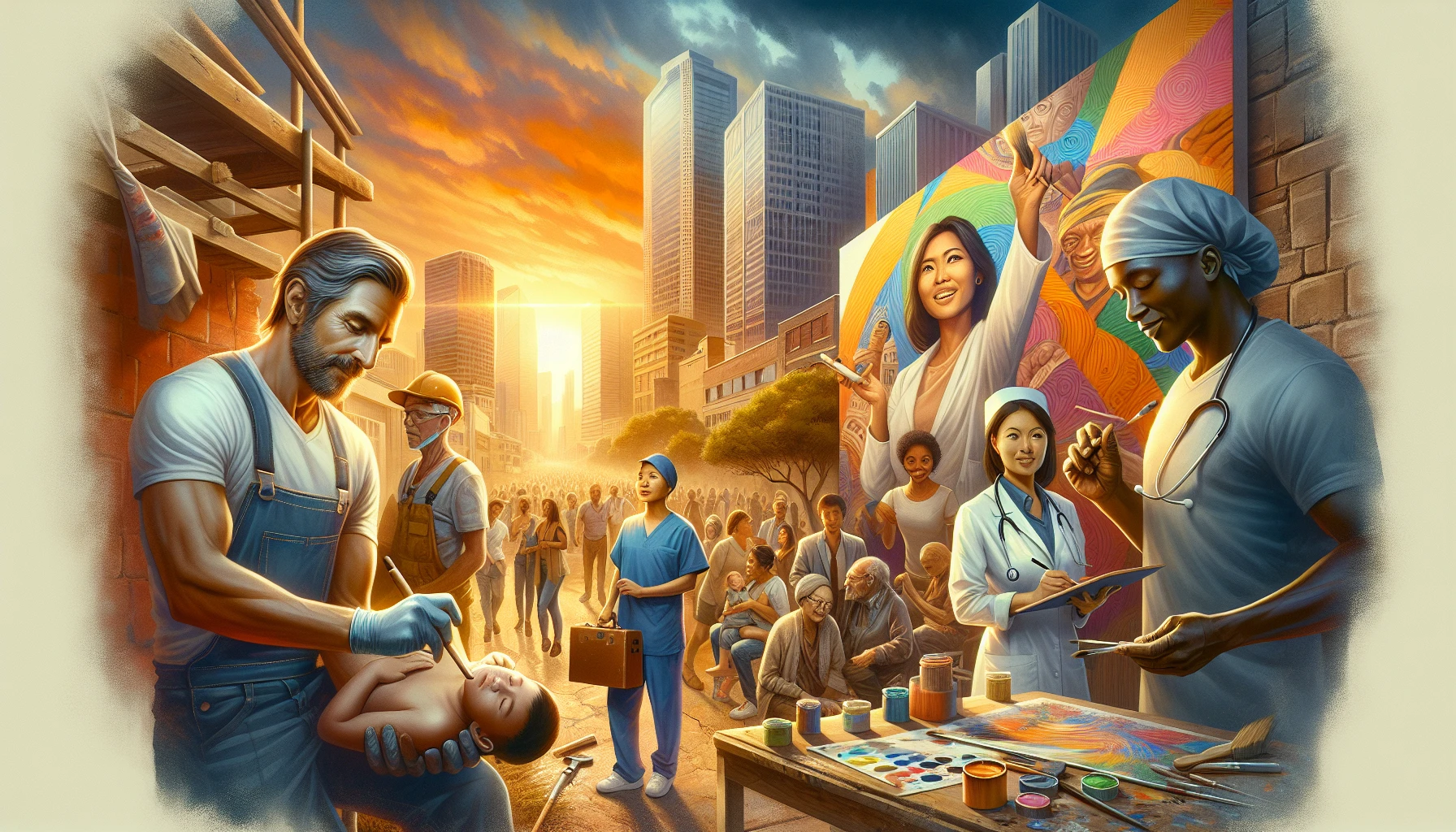 Capture an evocative scene of workers in a bustling urban environment, showcasing various professions side by side. Imagine a construction worker wielding a hammer, a nurse tending to a patient, and an artist painting a vibrant mural. The sun sets in the background, casting warm hues over the lively scene, while a sense of camaraderie and dedication fills the air—a tribute to the spirit of labor and creativity intertwined.