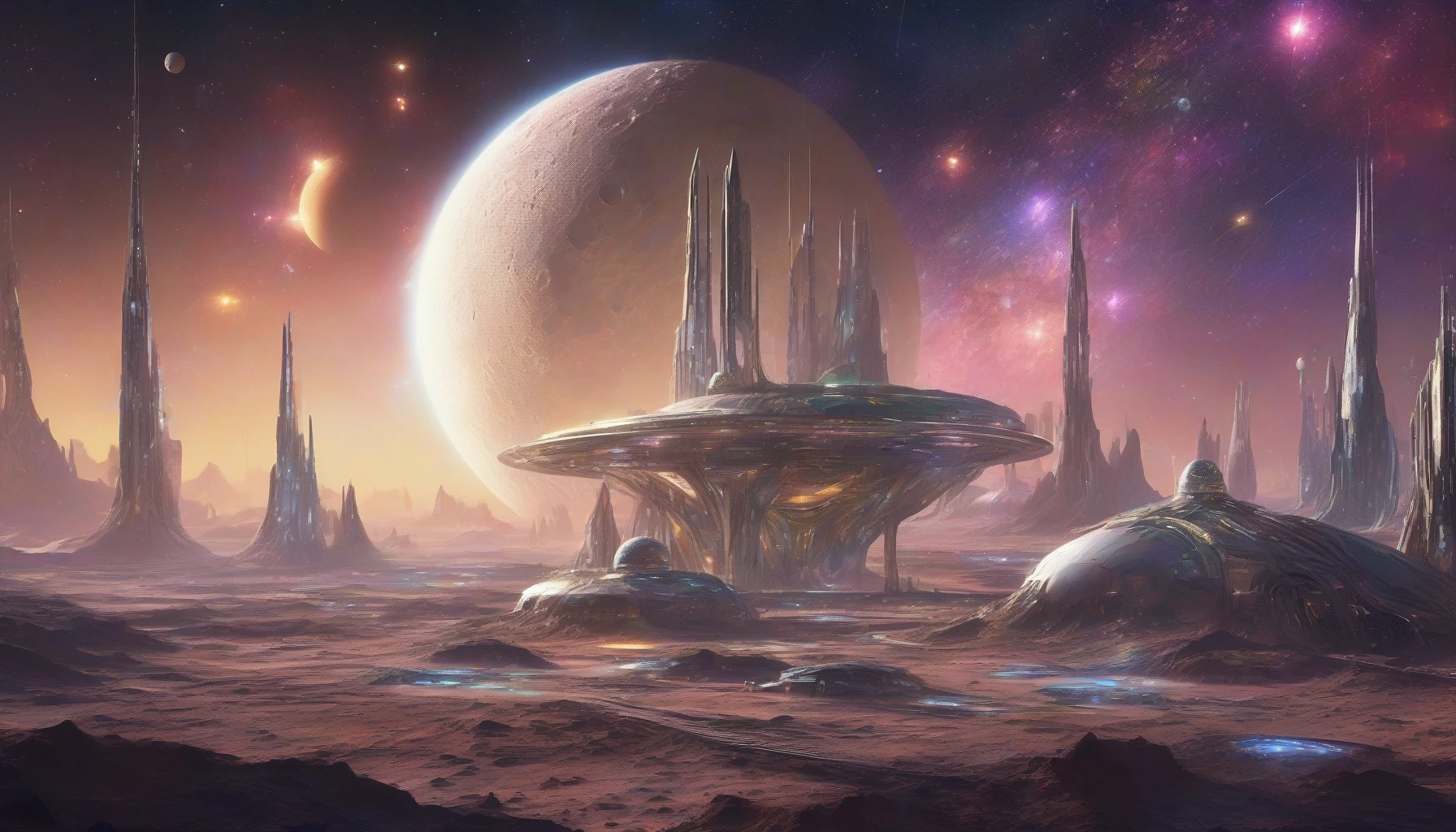 Picture a sprawling lunar base illuminated by soft, futuristic lights, set against a breathtaking canvas of a shimmering, star-filled sky. The structures gleam with metallic surfaces, reflecting the myriad of colors from distant cosmic bodies. Surrounding the base, the desolate lunar landscape stretches endlessly, dotted with craters, while the Milky Way arches majestically overhead, inviting exploration and wonder in this serene, extraterrestrial environment.