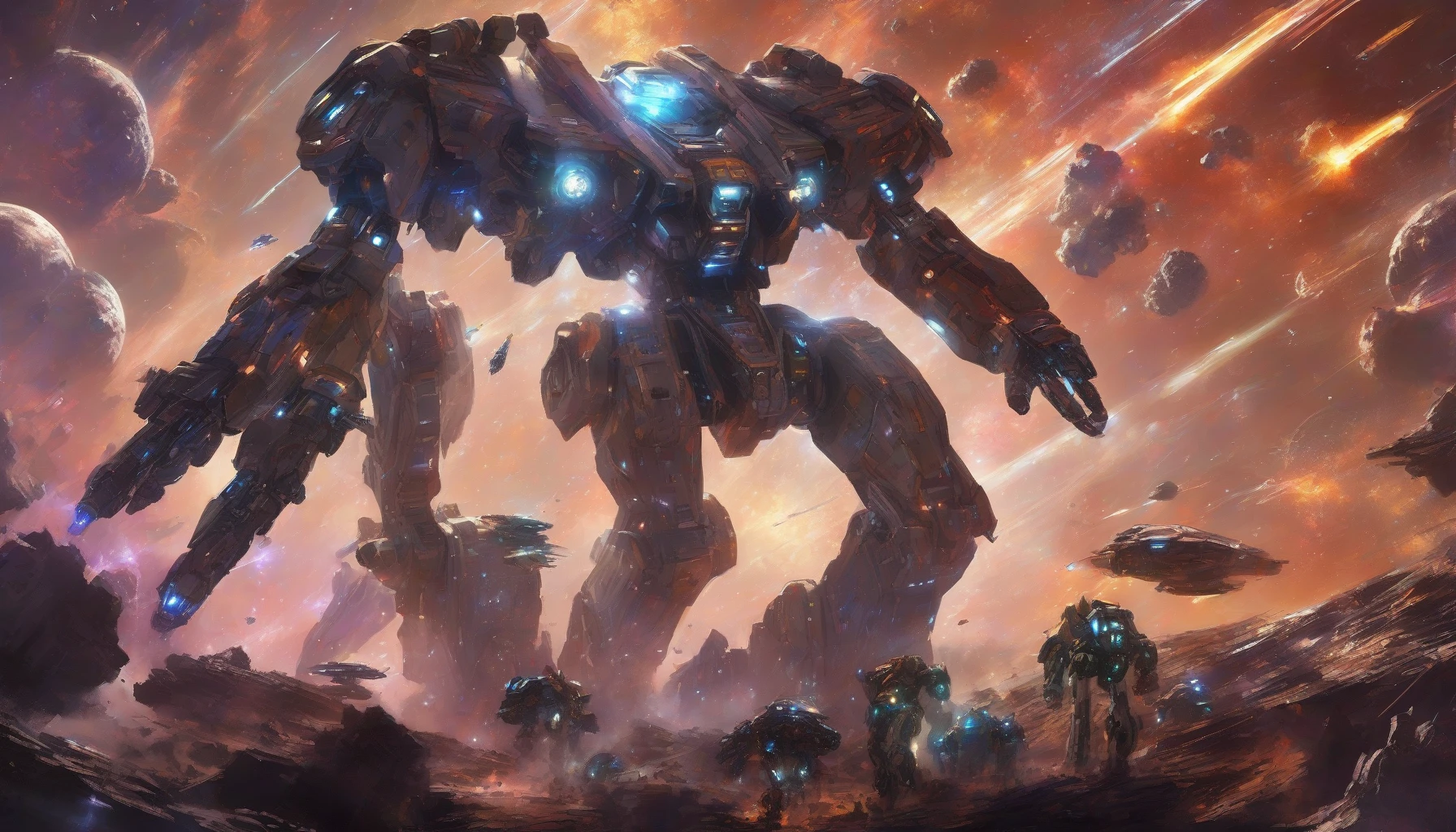 In a breathtaking cosmic arena, colossal mechas clash amidst shimmering stars and swirling nebulas. The pilots, adorned in sleek, high-tech suits, maneuver their towering machines with precision, unleashing vibrant energy blasts that illuminate the dark void. Nearby asteroids shatter under the intensity of their warfare, while distant planets provide a stunning backdrop. This is a high-stakes battle for supremacy, where only the bravest will emerge victorious.