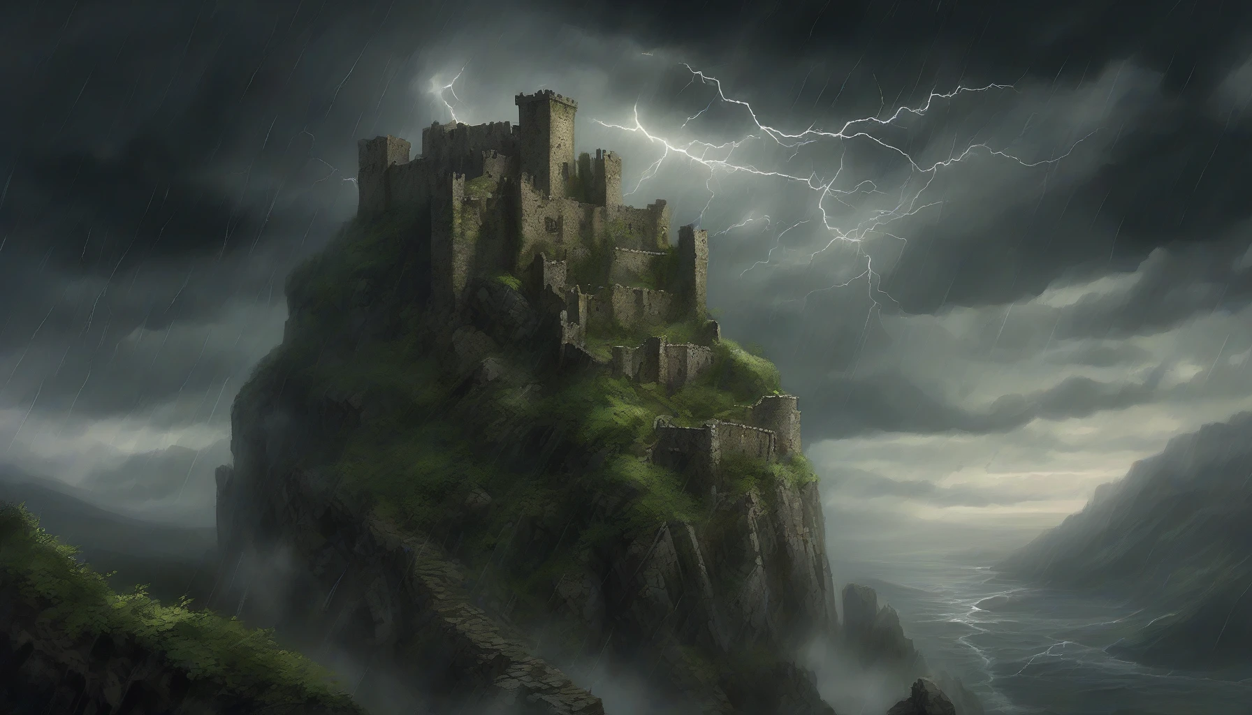 A foreboding scene unfolds as dark thunderclouds swirl above a crumbling castle perched atop a jagged cliff. Lightning illuminates its ancient stone walls, revealing crevices filled with ivy and moss. Rain cascades down like tears, pooling at the castle's weathered base. The roar of thunder echoes through the air, blending with the whisper of the wind, as if the castle mourns its slow decay amidst nature’s fury.