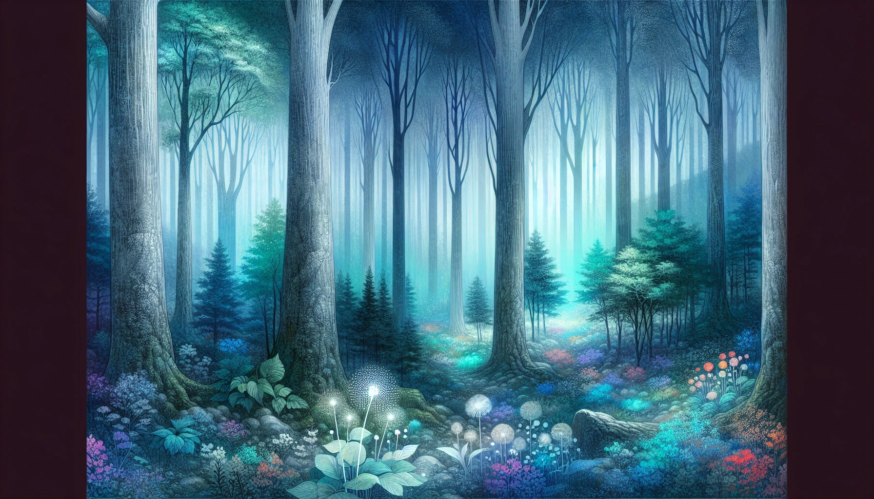 Capture the essence of an ethereal forest, where trees with silvery bark tower majestically, their leaves resembling delicate whispers in shades of emerald and sapphire. Mist drapes gently over the forest floor, while luminous flowers bloom in vibrant colors, exuding a soft, otherworldly glow. Enigmatic creatures, half-seen between the trunks, hint at magical secrets, inviting the viewer to explore this mystical realm brimming with wonder and tranquility.