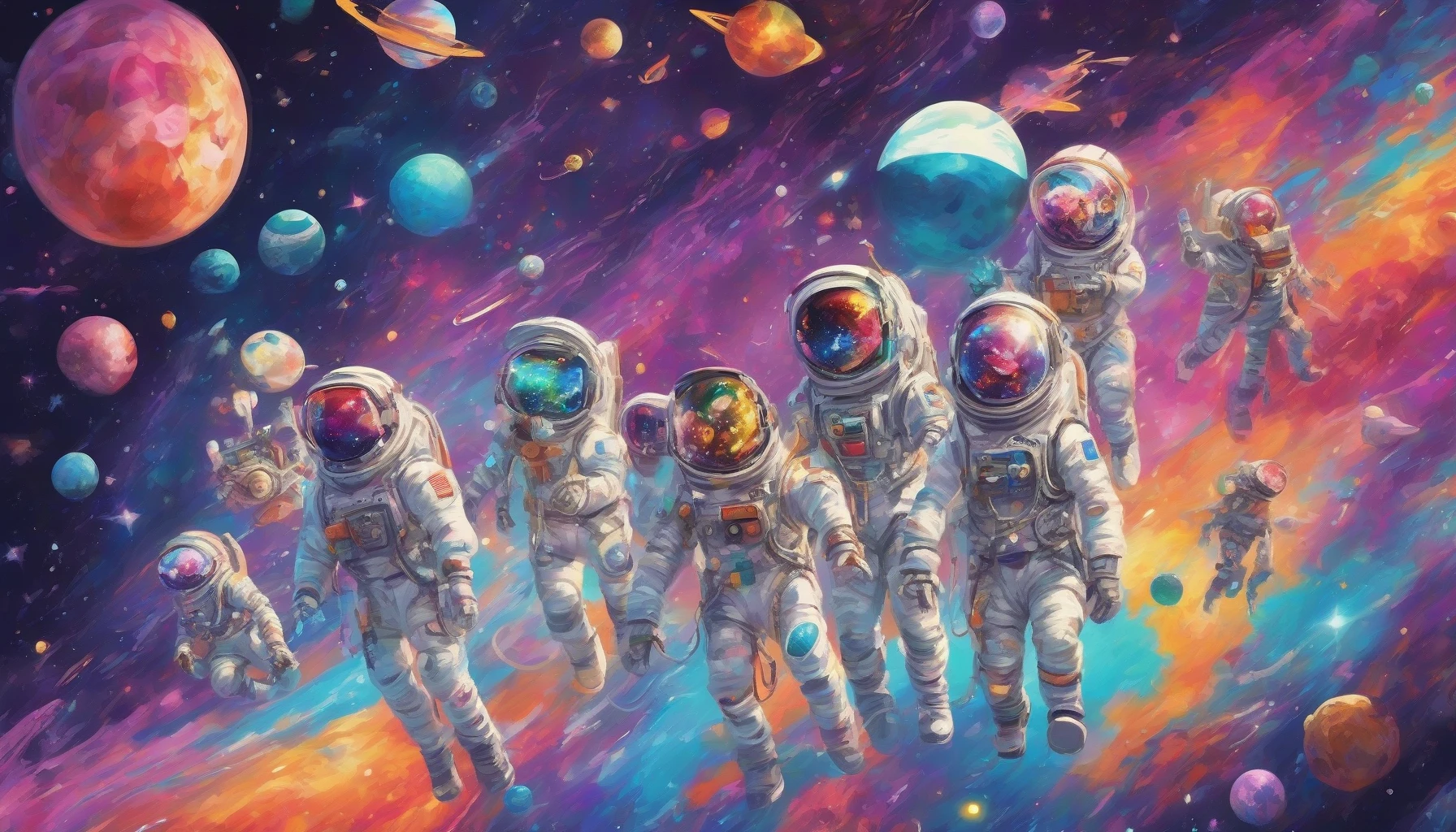 Imagine a vibrant spacecraft gliding through a nebula, manned by an eclectic crew of quirky characters. Each astronaut showcases a unique style, from a flamboyant captain in a glittering spacesuit to a scientist with wild, colorful hair and mismatched gear. The backdrop features shimmering stars and swirling cosmic gases, emphasizing their adventurous spirit as they embark on a mission to explore the unknown, blending eccentricity with the thrill of space exploration.