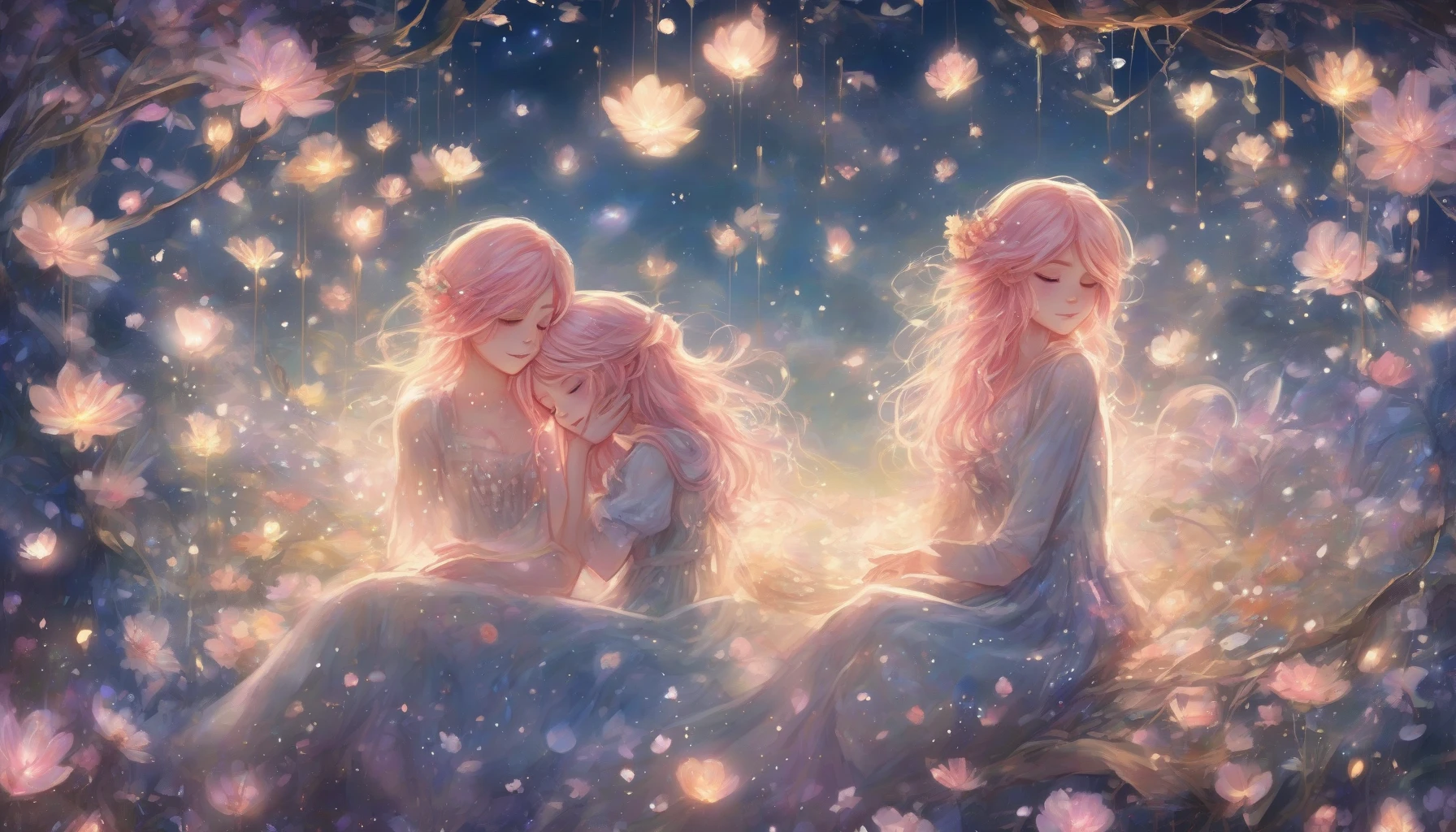 Imagine a whimsical scene where two characters are nestled under a starlit sky, surrounded by shimmering sparkles that float gently around them. The girl, with flowing pastel hair and an enchanting dress, gazes into the boy's eyes, which sparkle with affection. Their surroundings bloom with ethereal flowers and soft, glowing lights, creating an atmosphere of pure romance and magic, evoking the charm of a shoujo manga.