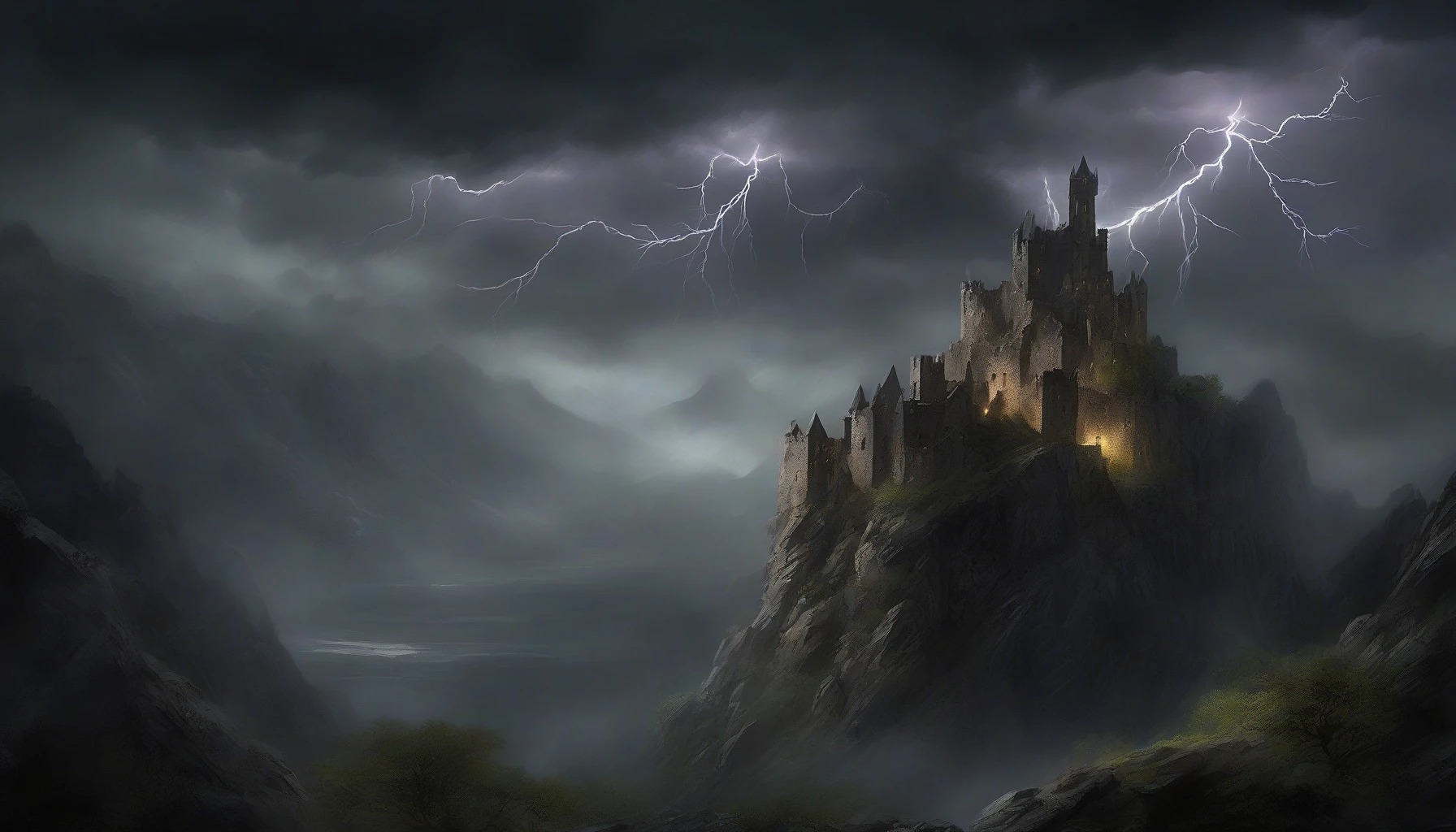 Envision a dramatic scene of a crumbling castle perched on a jagged cliff, illuminated by flashes of lightning in a swirling storm. The dark, ominous clouds churn overhead, while torrential rain cascades down the weathered stone walls. Jagged peaks surround the castle, and eerie shadows dance across the landscape, enhancing the haunting beauty of this forsaken stronghold against the tempestuous sky.