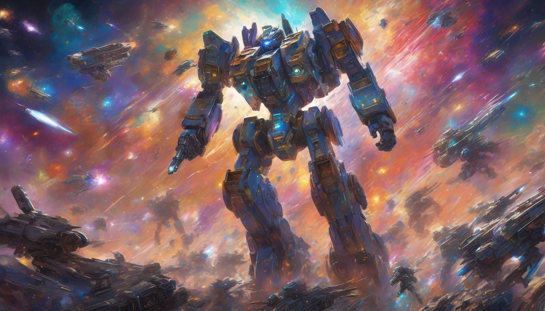 In a breathtaking expanse of outer space, towering mechas engage in an epic battle illuminated by the vibrant glow of distant galaxies. Each pilot, clad in advanced armor, deftly maneuvers their colossal machines, showcasing shimmering metallic surfaces and intricate armaments. Explosions of colorful energy pulse through the void, while ethereal stardust swirls around them, encapsulating the intense struggle as they fight for dominance among the cosmos.