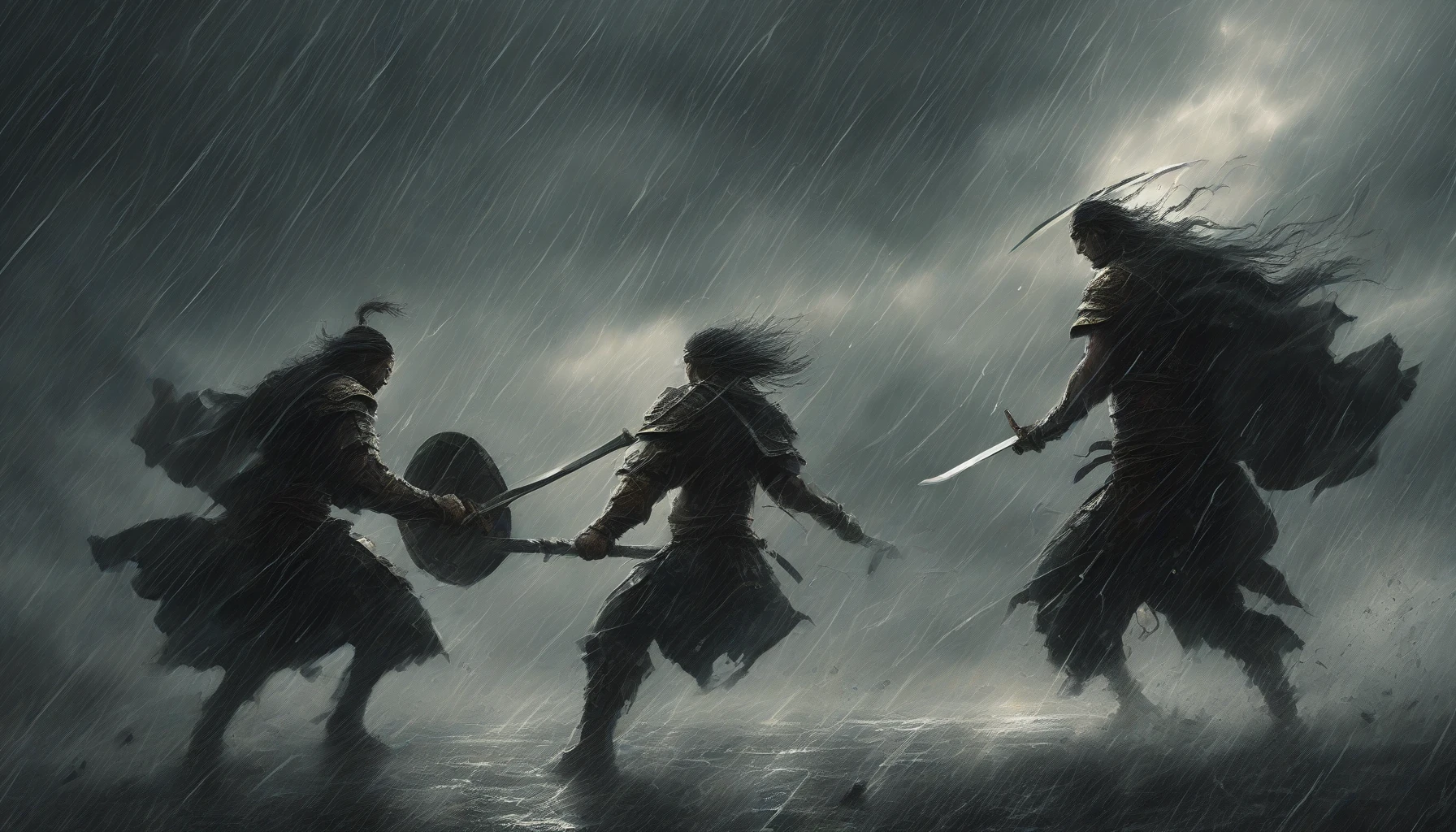 In a tempestuous downpour, two warriors clash, their swords glinting like lightning in the dreary sky. Each strike sends droplets scattering, merging the ferocity of battle with the chaos of nature. The dark, swirling clouds loom overhead, casting an ominous shadow upon the soaked earth. As rain pelts their determined faces, the atmosphere crackles with tension—a dramatic duel where skill and fate entwine amidst the storm.