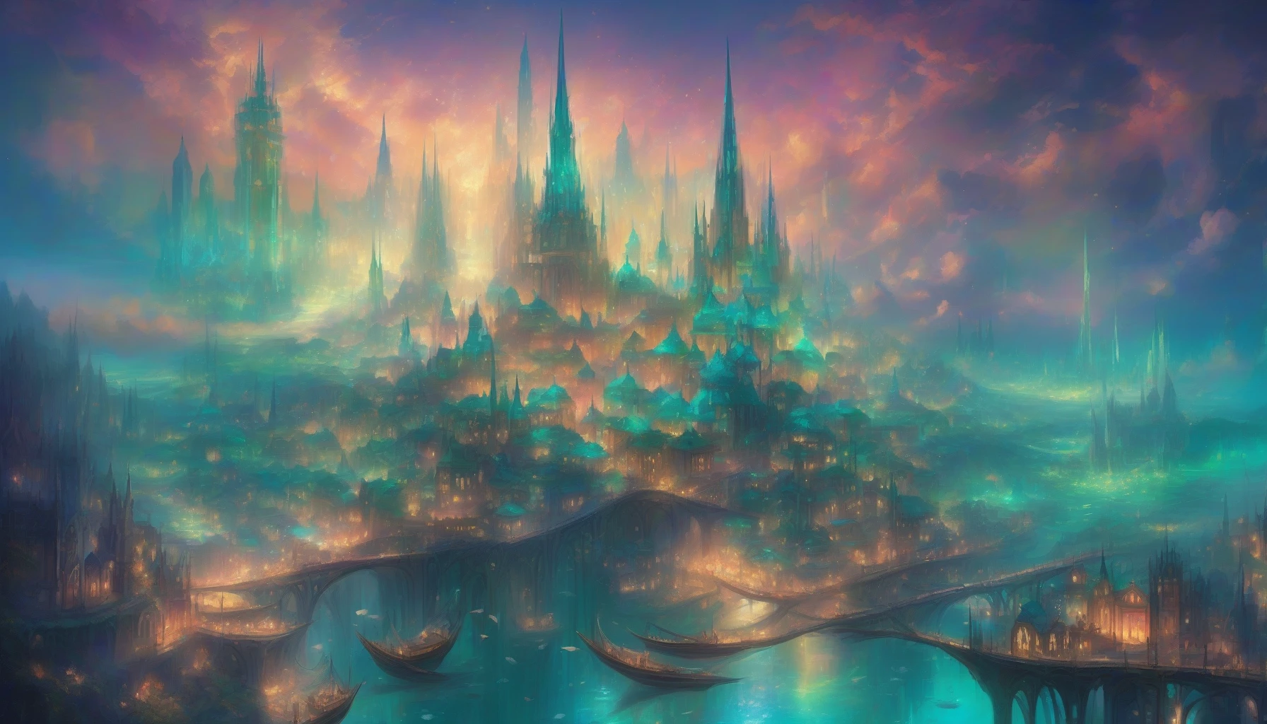 Imagine a breathtaking floating city suspended in the twilight sky, its spires shimmering with iridescent lights. Below lies a radiant sea, glowing in vibrant hues of turquoise and emerald, reflecting the city's enchanting beauty. Bridges made of mist connect the stunning architecture, while ethereal beings glide effortlessly through the air, creating a surreal atmosphere of peace and magic in this dreamlike realm.