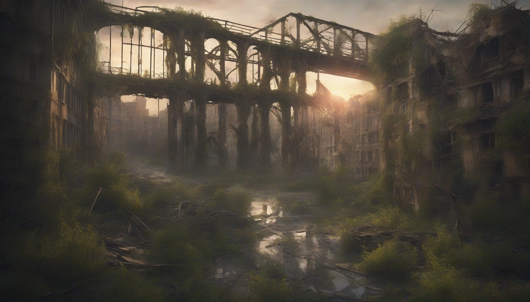 Capture the haunting beauty of a desolate city where nature has reclaimed its territory. Imagine crumbling buildings engulfed by overgrown vines, their shattered windows reflecting a ghostly past. Central to the scene is a colossal, collapsed bridge, its rusty beams strewn across the debris-laden ground, symbolizing dreams long shattered. A hazy sunset casts ethereal light, bathing the ruins in a melancholic glow, inviting the viewer to ponder the stories trapped within.