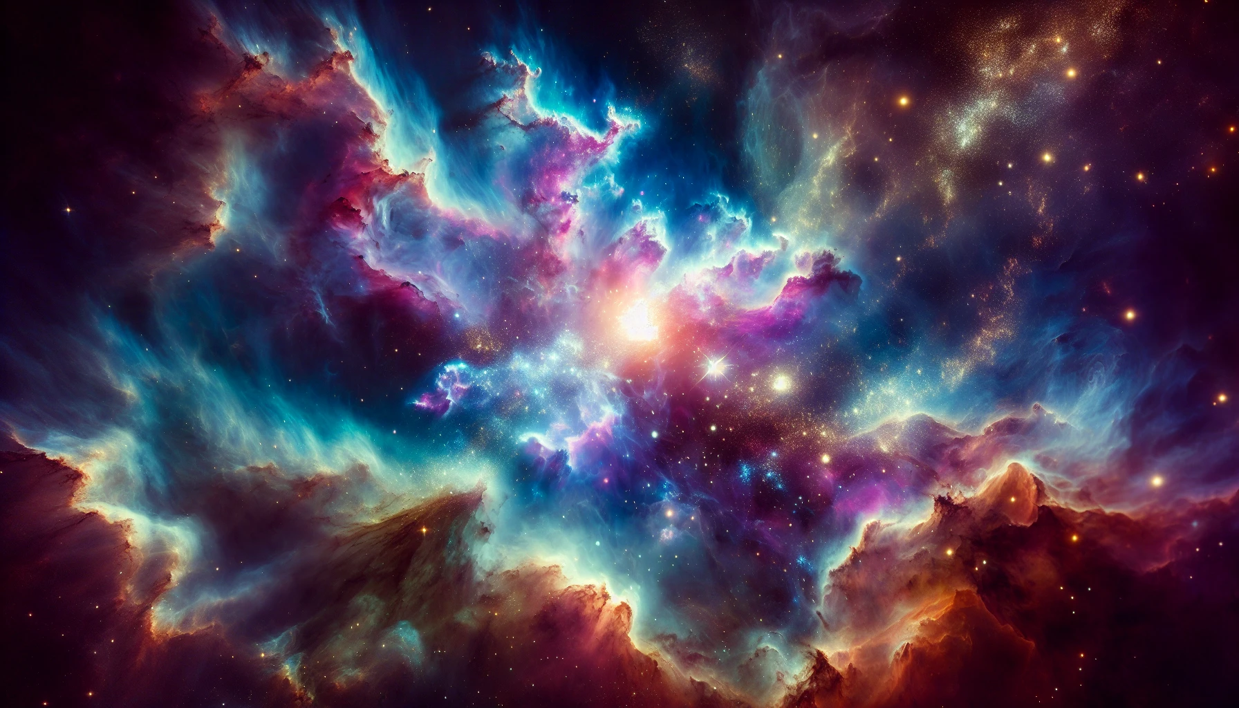 Create an awe-inspiring image of a galactic nebula, bursting with vibrant hues of blue, purple, and pink. Infuse the scene with swirling clouds of gas and sparkling stardust that dance across the cosmos. Let golden and teal accents weave through the nebula, creating a dynamic contrast that captivates the viewer. The ethereal beauty of this cosmic phenomenon should evoke a sense of wonder and exploration in the vast universe.