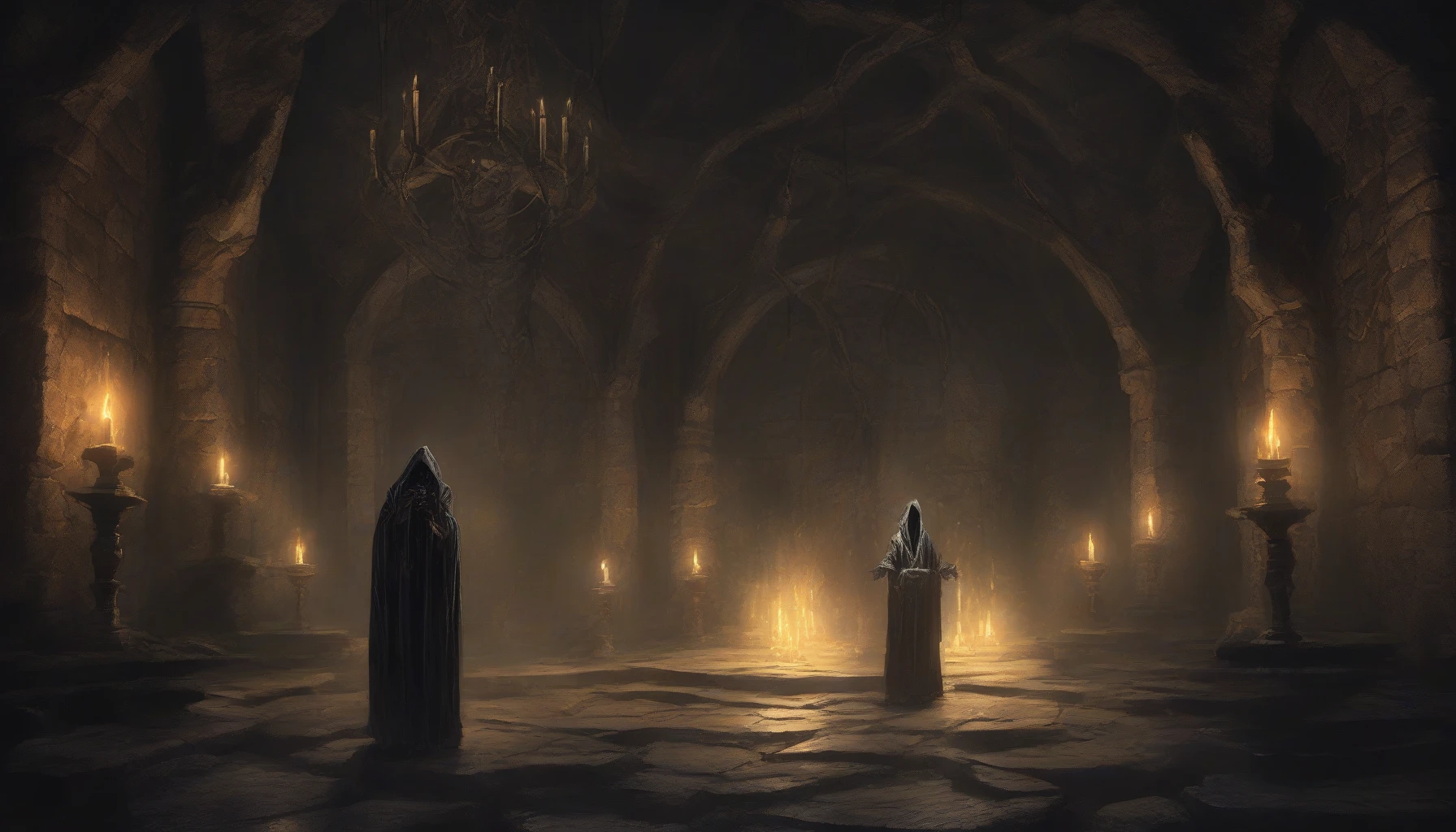 In a dimly lit, ancient chamber, a dark mage stands at the center, cloaked in tattered robes that whisper secrets of the night. Arcane symbols are lit by flickering candles, casting eerie shadows on the stone walls. With outstretched hands, he conjures ominous shadow creatures swirling around him, their forms indistinct yet menacing, evoking a sense of dread and wonder. The atmosphere is thick with magic, anticipation, and raw power.