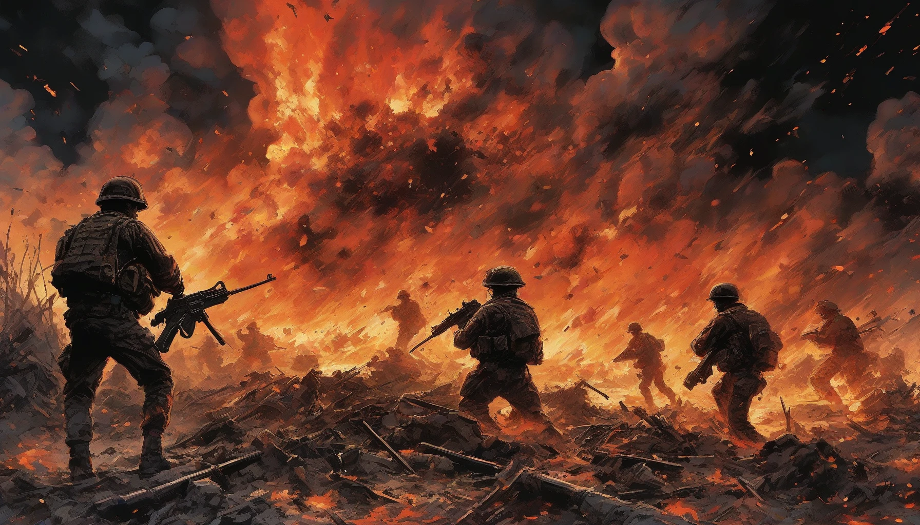 A colossal explosion ignites the night sky over a war-torn battlefield, casting a fiery glow on the debris-strewn ground. Dark silhouettes of soldiers are caught in the shockwave, their expressions a mix of determination and fear. The vivid colors of the blast illuminate the chaos, while smoke billows upward, intertwining with distant flashes of gunfire. This dramatic scene captures the raw intensity and devastation of war.