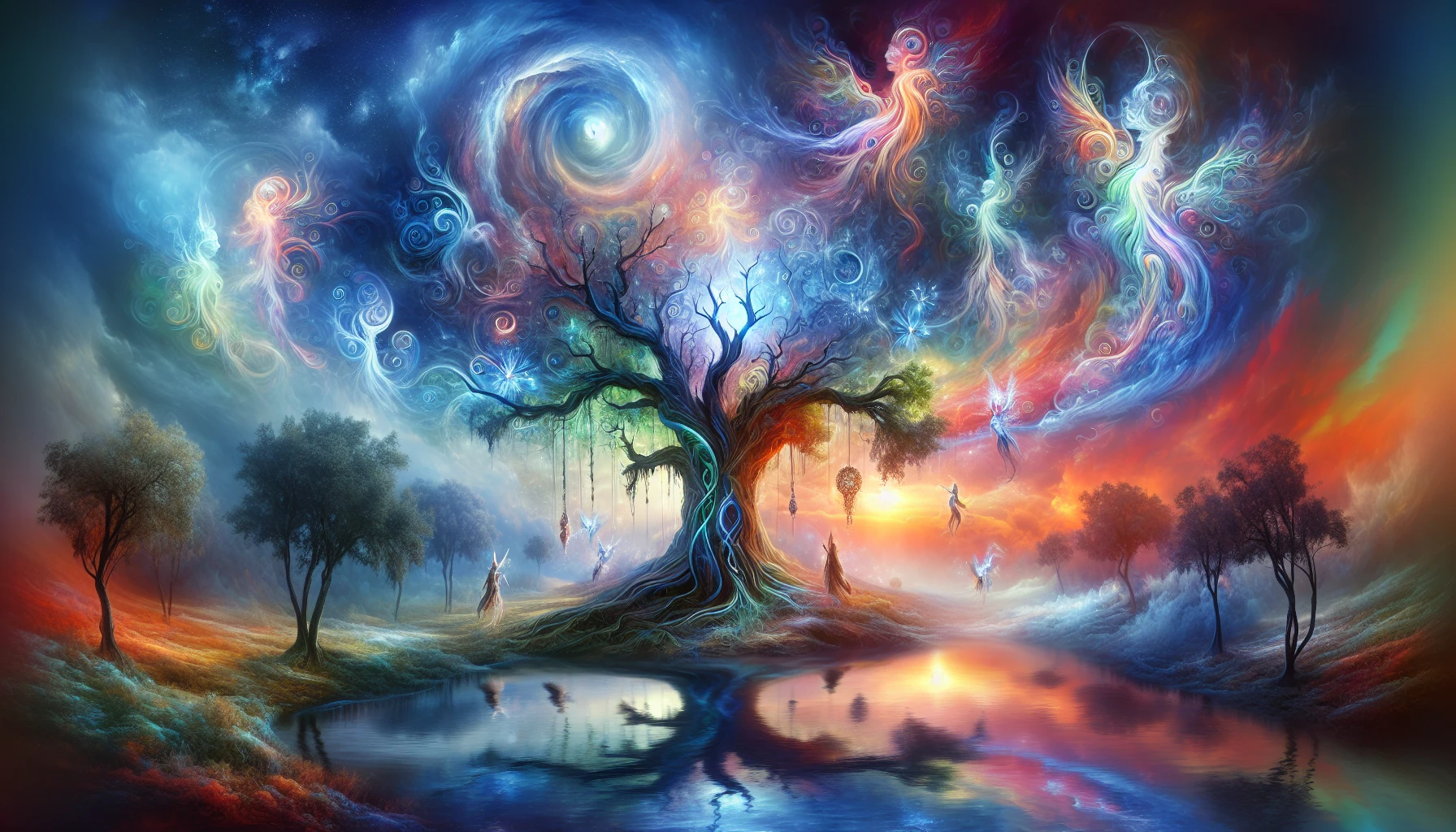 Create an image that features a serene landscape embodying the essence of symbolism. Picture an ancient tree, its branches entwined with vibrant, mystical symbols that represent wisdom, strength, and growth. Surround this central element with a tranquil river reflecting the twilight sky, while ethereal creatures dance around, embodying dreams and inspiration. This scene should evoke a sense of peace, inviting the viewer into a world of deeper meaning and connection.