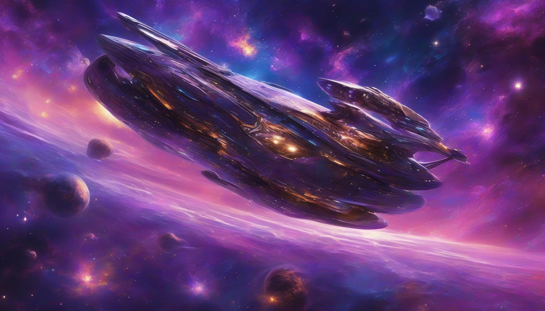 A sleek, futuristic spaceship glides gracefully through the cosmos, its metallic hull shimmering under the radiant glow of a distant star. Swirls of nebulae dance in vibrant hues of purple and blue, framing the scene with ethereal beauty. The star pulses with energy, casting a warm light that reflects off the ship's surface, while a backdrop of twinkling galaxies adds depth to this breathtaking interstellar journey.