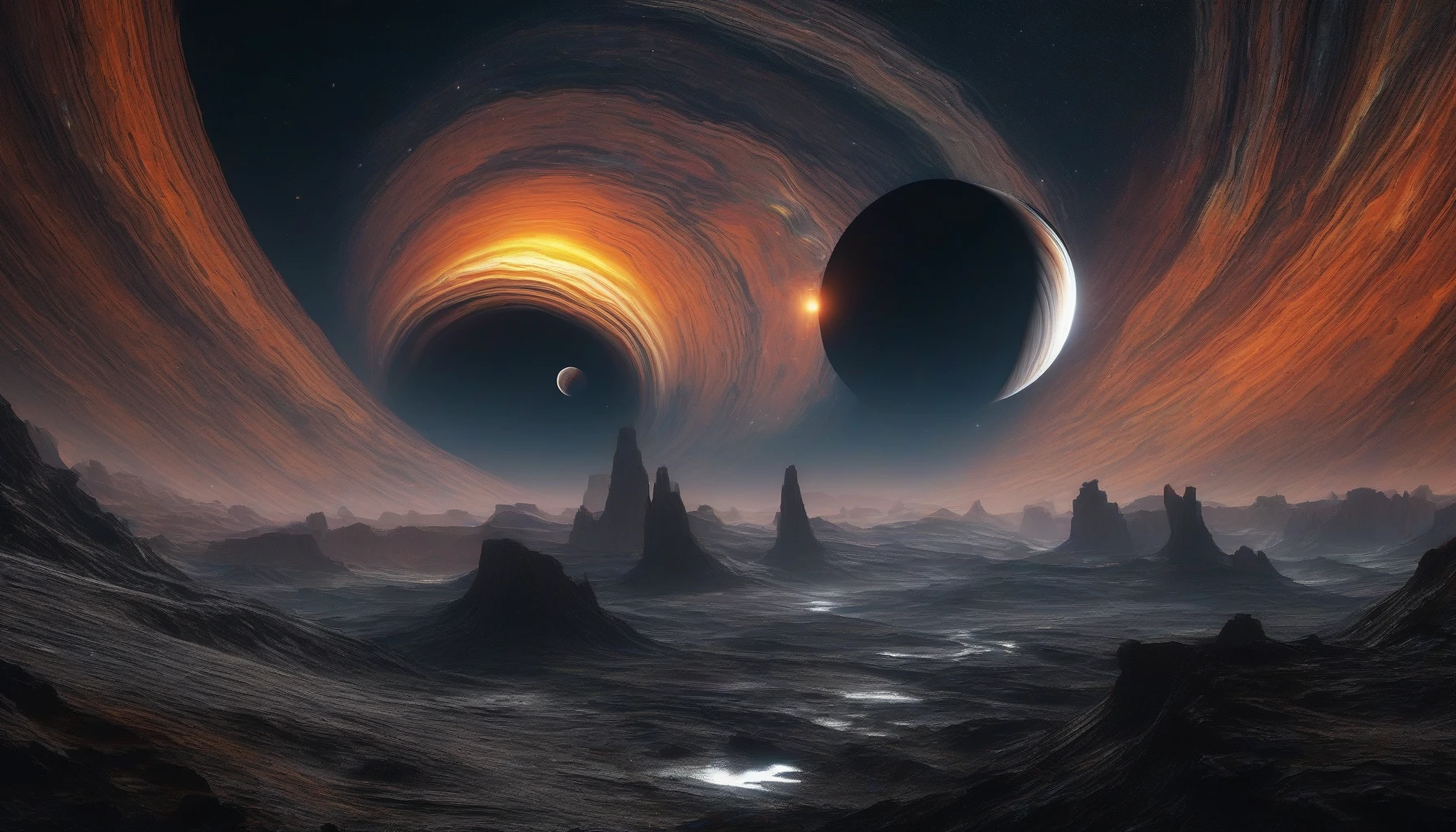 A breathtaking scene unfolds as a magnificent ringed gas giant looms in the cosmos, its vibrant bands of color swirling against the black void of space. Below, the rugged surface of a moon offers a stark contrast, with jagged cliffs and shimmering ice craters illuminated by the distant sun. Stars twinkle in the background, creating an ethereal environment that captures the beauty of a distant world.