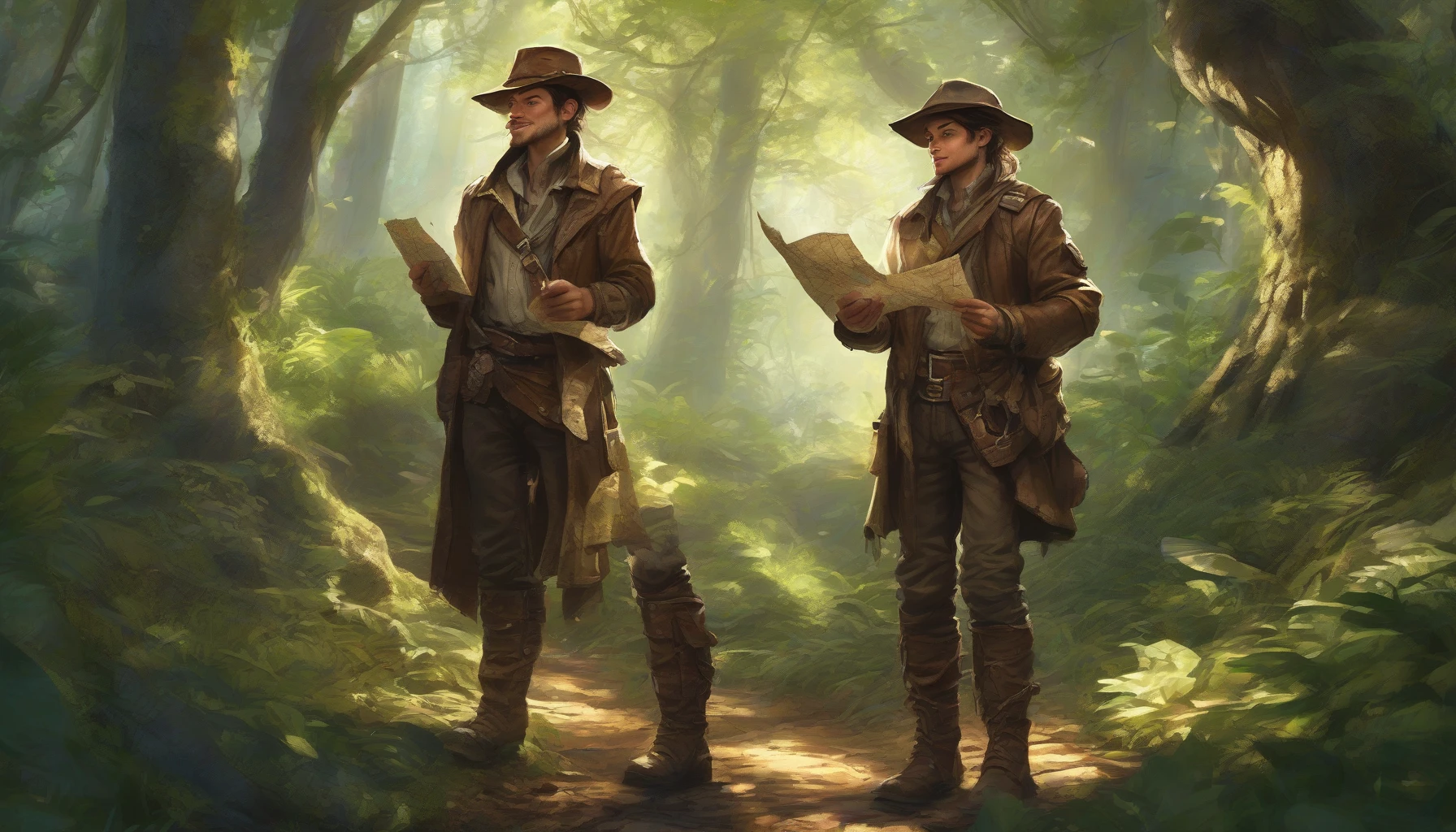 In a lush, enchanted forest, an intrepid adventurer stands confidently, clutching an ancient, weathered treasure map. Sunlight filters through the dense canopy, casting playful shadows on the ground. The adventurer, adorned in rugged leather attire and a wide-brimmed hat, gazes intently at the map, with a glint of excitement in their eyes. Surrounding them are exotic plants and distant mountains, hinting at the thrilling journey ahead.