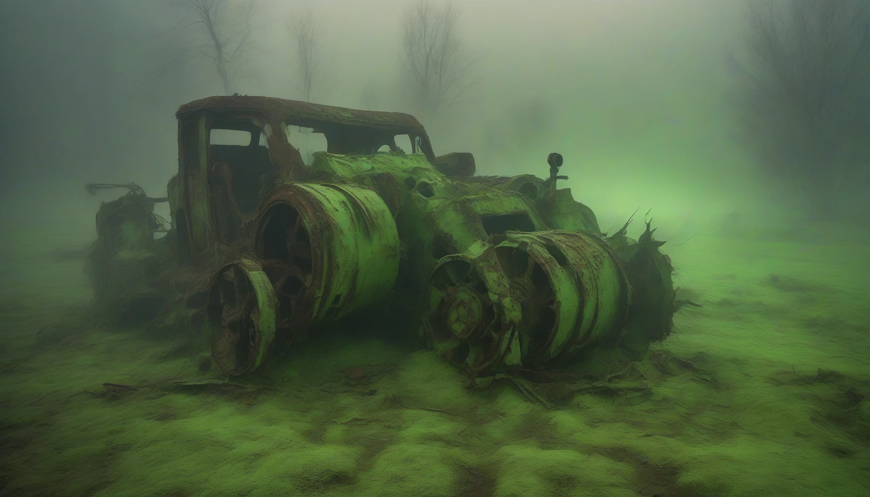 In a desolate landscape ravaged by radioactive waste, eerie green fog coils around twisted remnants of a forgotten civilization. Rusted machinery and crumbled structures emerge from the ground, partially enveloped by the luminescent mist, creating an otherworldly ambiance. Shadows dance among the debris, while the soft glow of the fog illuminates the decay, hinting at both danger and beauty in this hauntingly surreal environment.