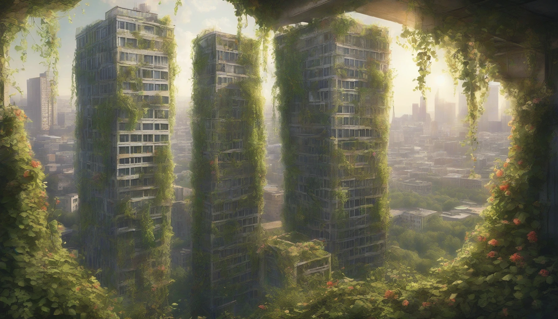 Imagine a towering skyscraper, long abandoned and overtaken by nature. Vines cascade down its weathered concrete, intertwining with shattered windows and rusting metal beams. The sun filters through the dense foliage, casting dappled shadows on the ground below, where wildflowers reclaim the forgotten urban space. In the background, a hazy skyline hints at a bustling city, now quiet, as nature weaves its magic into the architecture.