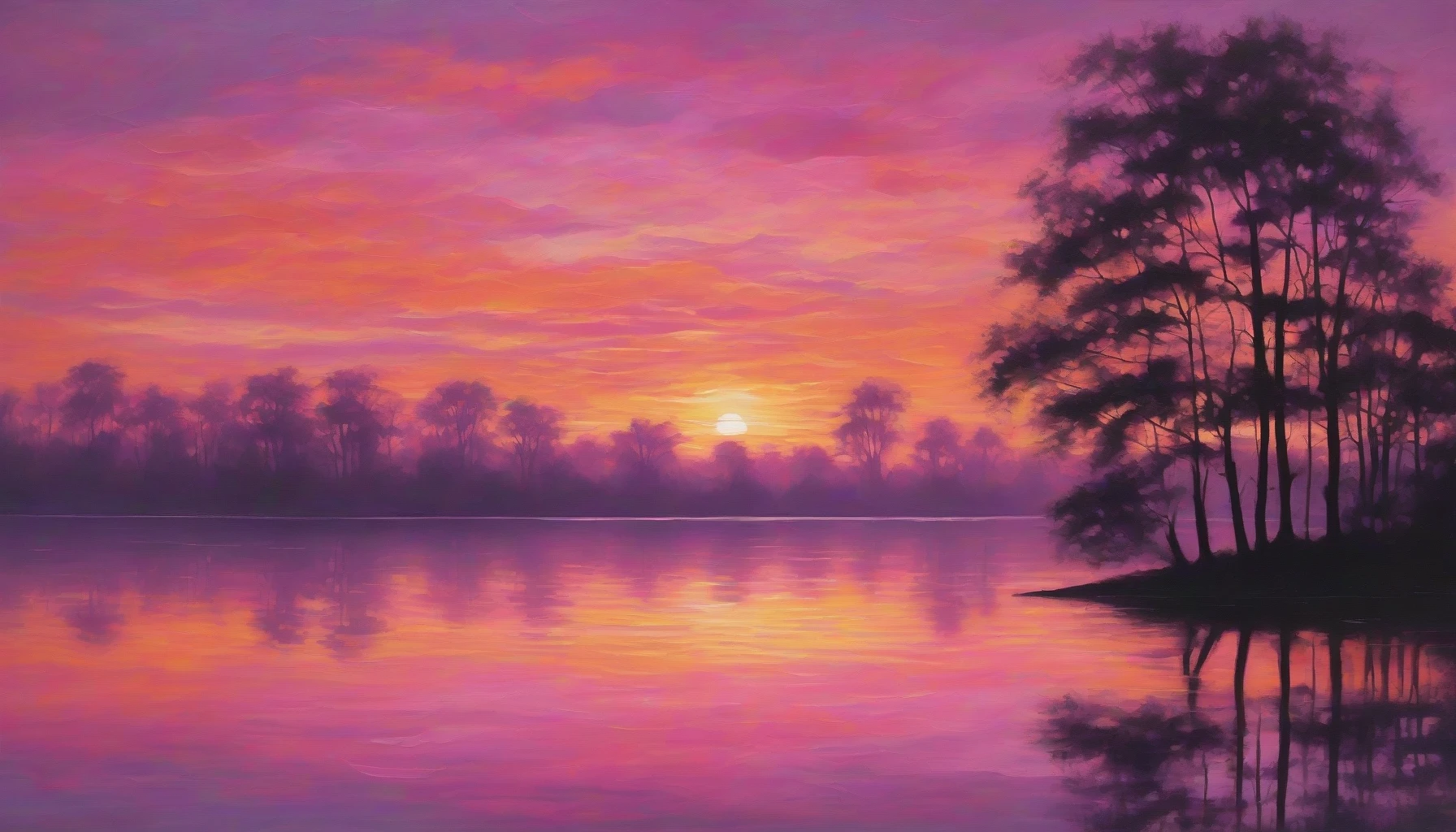 Immerse yourself in a serene scene where the sun gracefully dips below the horizon, casting a palette of oranges, pinks, and purples across the sky. The tranquil lake mirrors these vibrant hues, its surface like glass, interrupted only by the gentle ripples of a soft breeze. Silhouetted trees line the shore, enhancing the peaceful ambiance as twilight approaches, inviting a sense of calm and reflection.