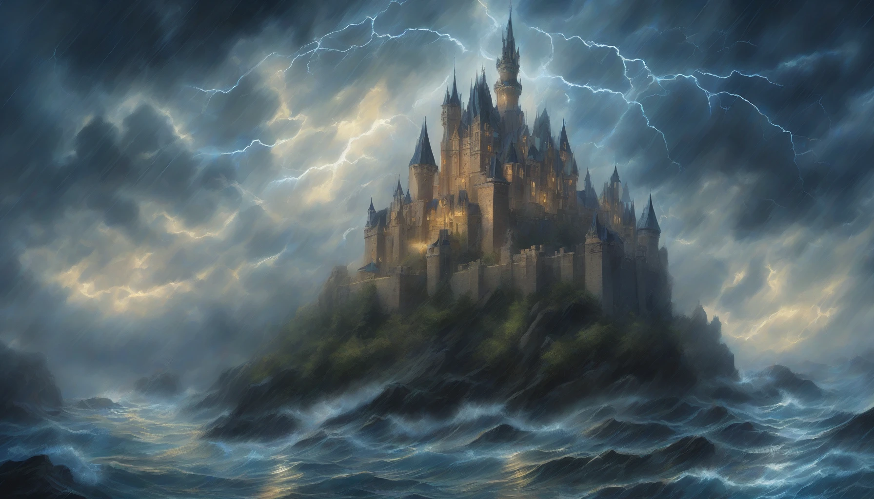 Imagine a majestic castle, floating amidst dark, swirling storm clouds. Lightning streaks across the sky, illuminating the intricate spires and turrets of the castle, while rain pours down in sheets around it. The castle's stone facade glistens with moisture, and ethereal blue light emanates from its windows, hinting at the magic within. Below, turbulent waves crash against unseen cliffs, emphasizing the otherworldly isolation of this enchanted fortress.