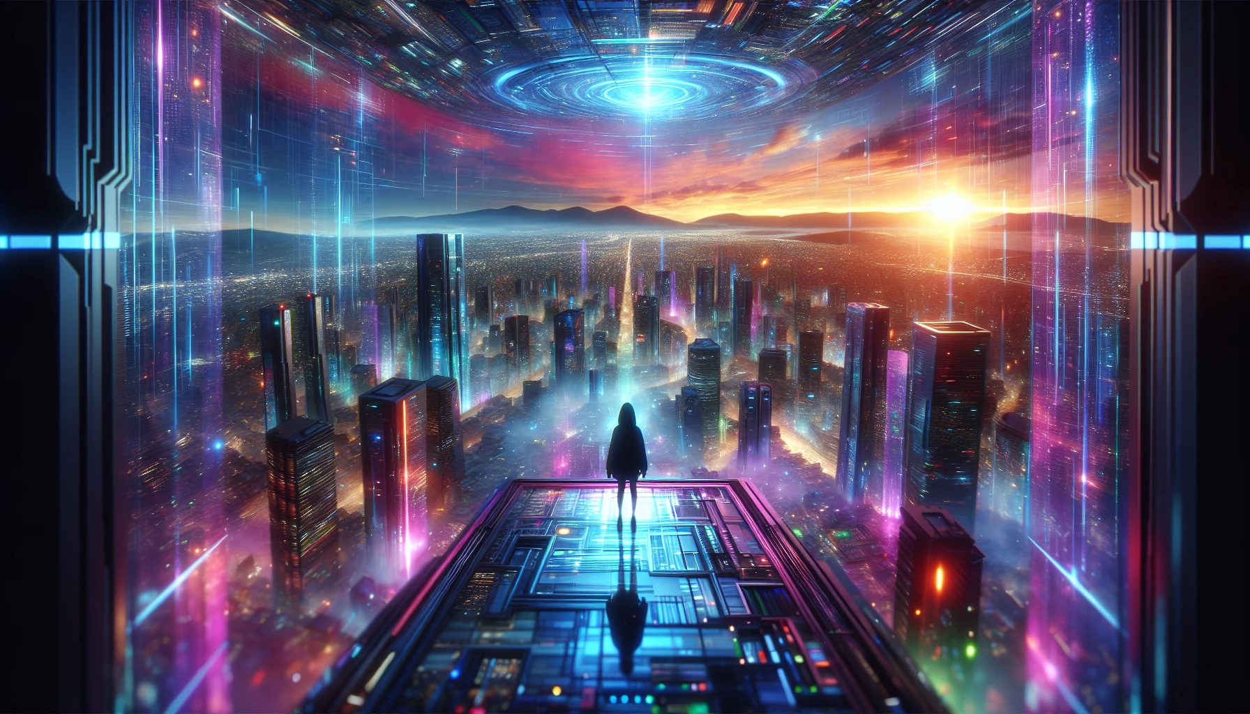 Capture a breathtaking scene of a futuristic urban rooftop that overlooks a sprawling cyberpunk metropolis. The scene is drenched in vibrant neon hues, with reflections dancing on sleek glass surfaces. A solitary figure stands at the edge, immersed in the view, as a glowing digital sky casts an ethereal light over the bustling city below. The air buzzes with palpable energy, hinting at an exciting future.