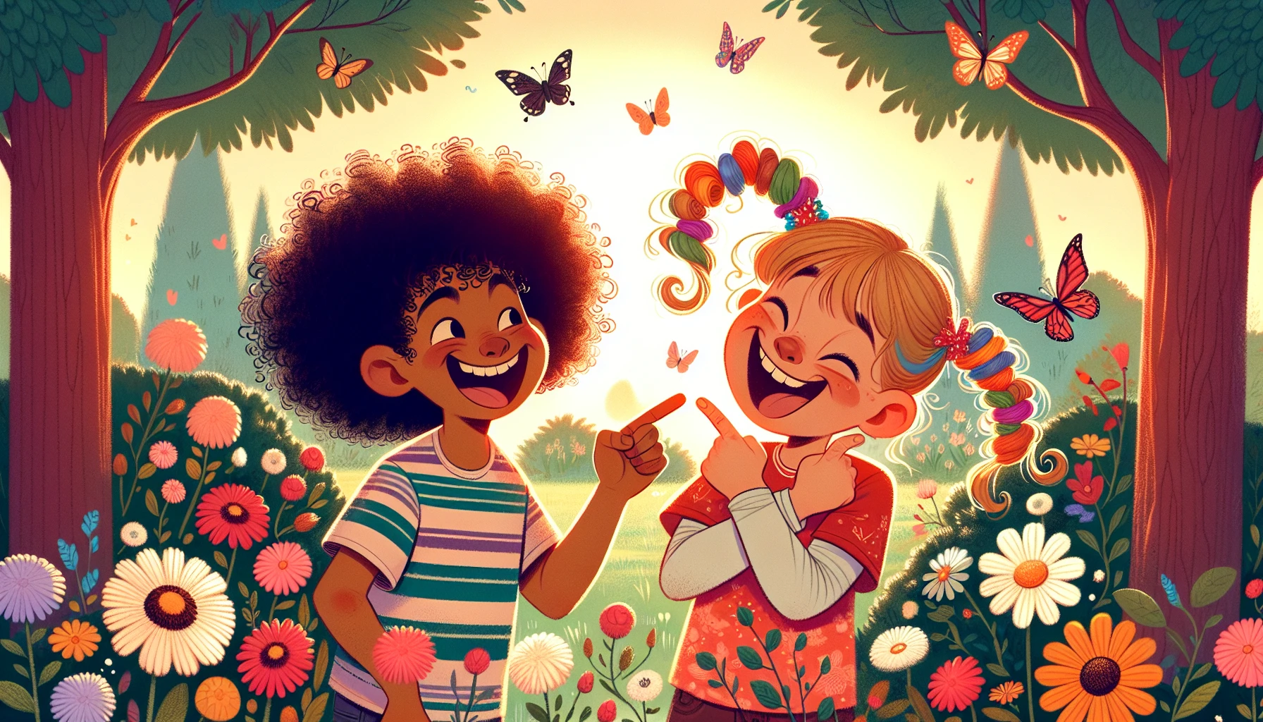 Capture a vibrant scene of two childhood friends playfully teasing each other in a sun-drenched park. One friend, with wild curls, is giving a cheeky grin while playfully sticking out their tongue, while the other, with bright pigtails, wags a finger in mock disapproval. Surround them with blossoming flowers and fluttering butterflies to enhance the playful atmosphere, evoking warmth, laughter, and nostalgia of carefree days.