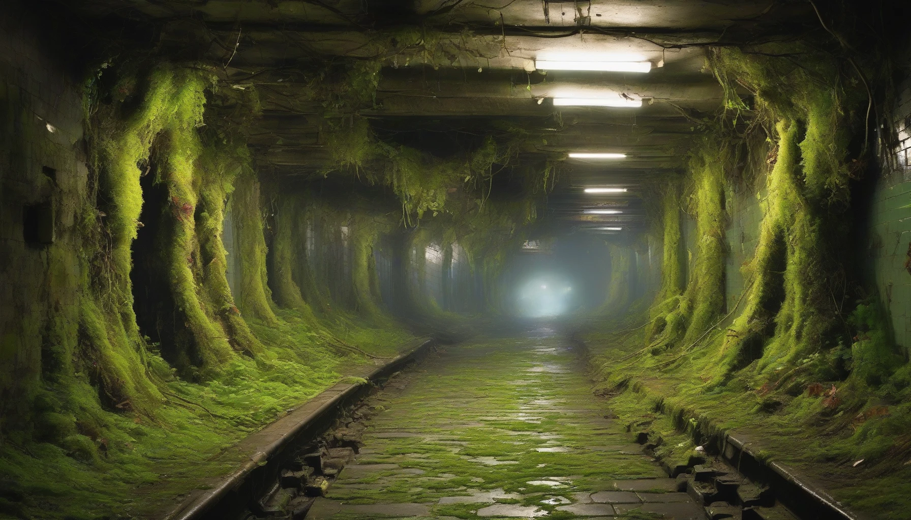 A forgotten subway tunnel, long abandoned and overtaken by nature, teems with life. Vines twist and curl through cracked tiles, while vibrant moss carpets the ground. Bioluminescent fungi glow softly in the shadows, illuminating the faces of small creatures peeking out from their hidden nests. The air is filled with the sounds of chirping insects and rustling leaves, creating an enchanting oasis within the concrete confines of the city.