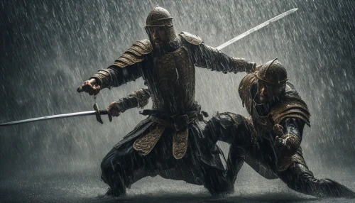 In a tempestuous downpour, two fierce swordsmen collide mid-air, their blades striking with electrifying intensity. The rain cascades around them, creating a surreal curtain of droplets that glimmers in the dim light. Each warrior, clad in intricate armor, showcases a unique fighting style, their faces reflecting determination and grit. The scene captures the raw power of nature and combat, leaving an unforgettable impression of bravery and skill.