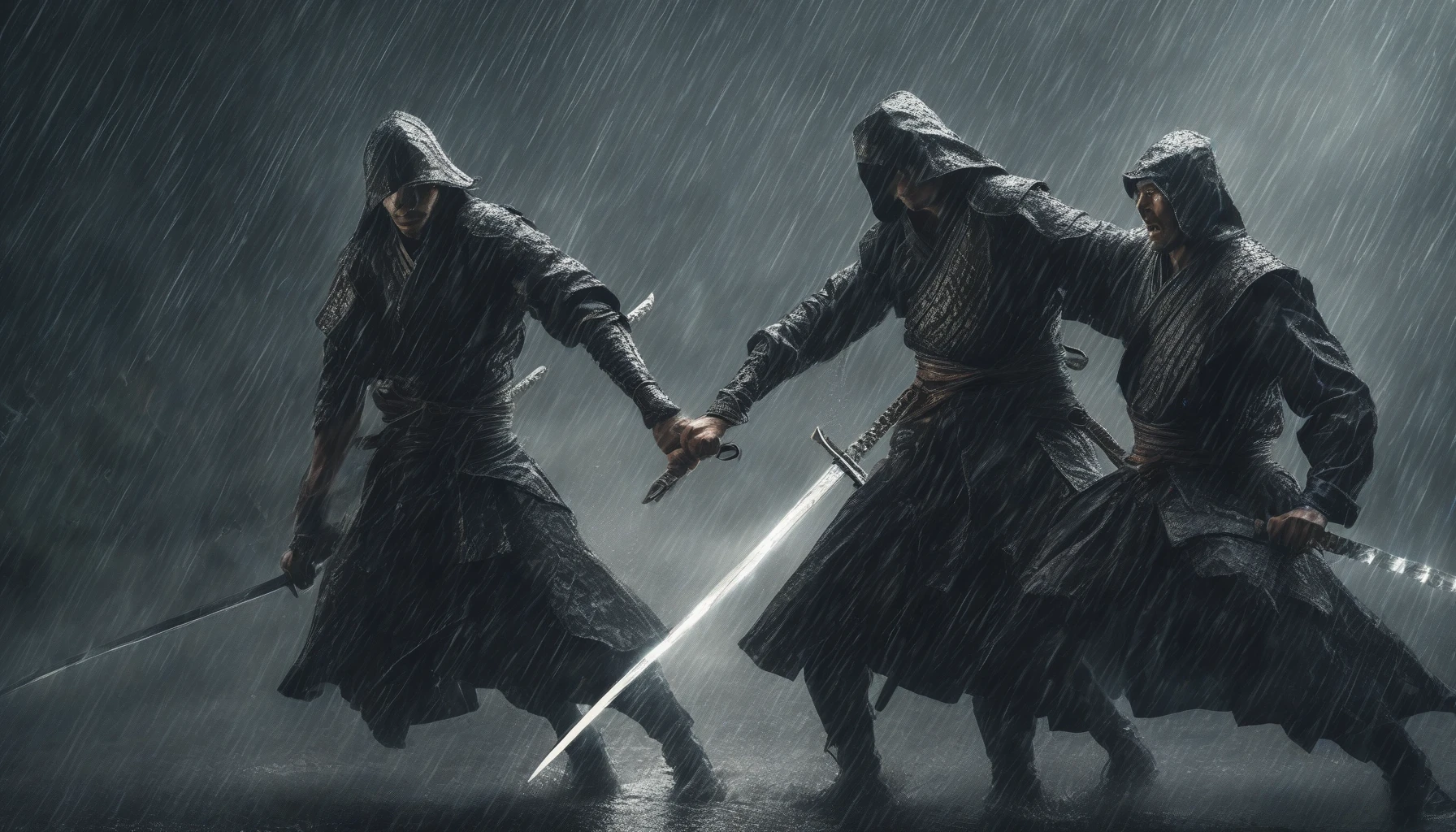 In a fierce downpour, two skilled swordsmen clash in an epic battle, their blades shimmering with electric intensity. Raindrops cascade around them like silver arrows, each strike echoing through the stormy air. The dark clouds loom menacingly overhead, illuminating the scene with flashes of lightning, capturing the raw power and determination etched on their faces. The ground beneath them turns to mud, adding to the chaos of this dramatic confrontation.